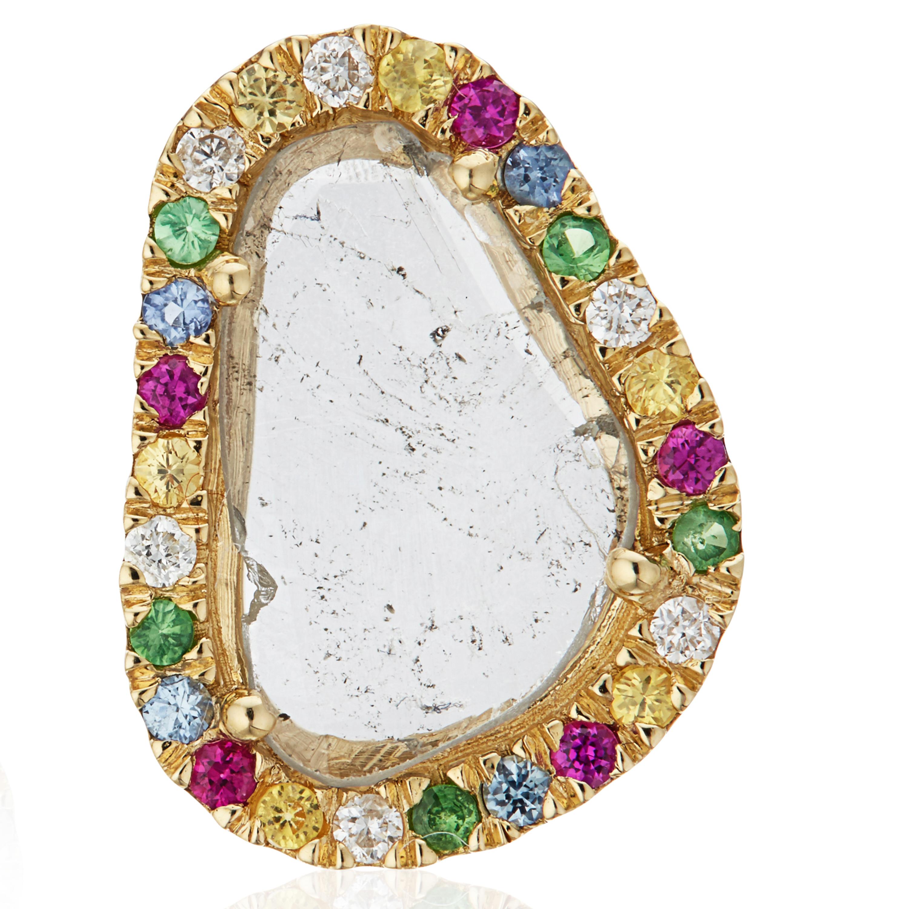 Gross weight: 2.76 grams
The 18K gold weight is 2.45 grams. 
The total weight of diamonds in the pair is 1.11 carats. 
The total weight of the coloured gems is 0.52 carats. 

Festive and fun, this colourful combination features sparkling diamonds,