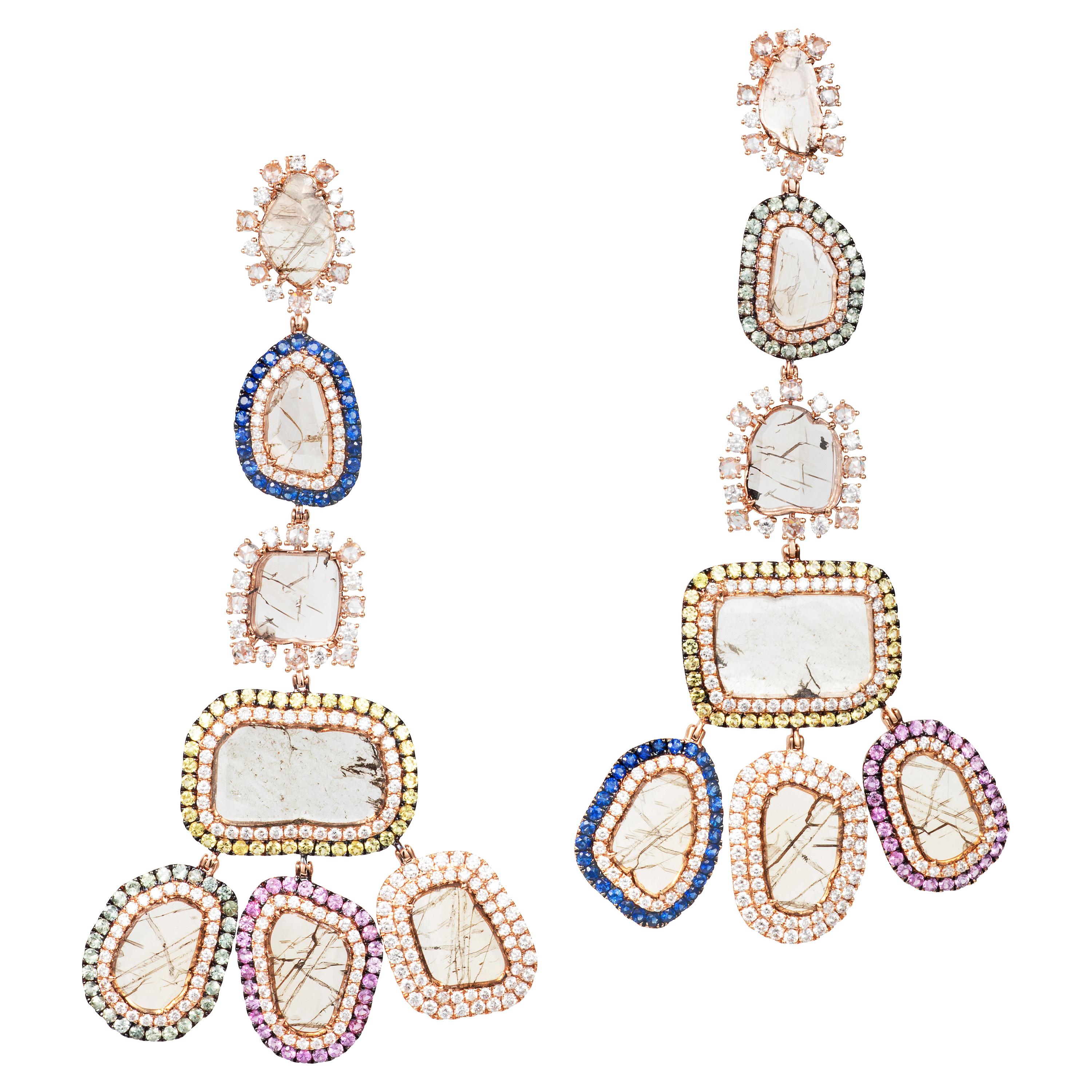 Manpriya B Slice Diamonds Fancy Coloured Sapphires Rose Gold Chandelier Earrings For Sale