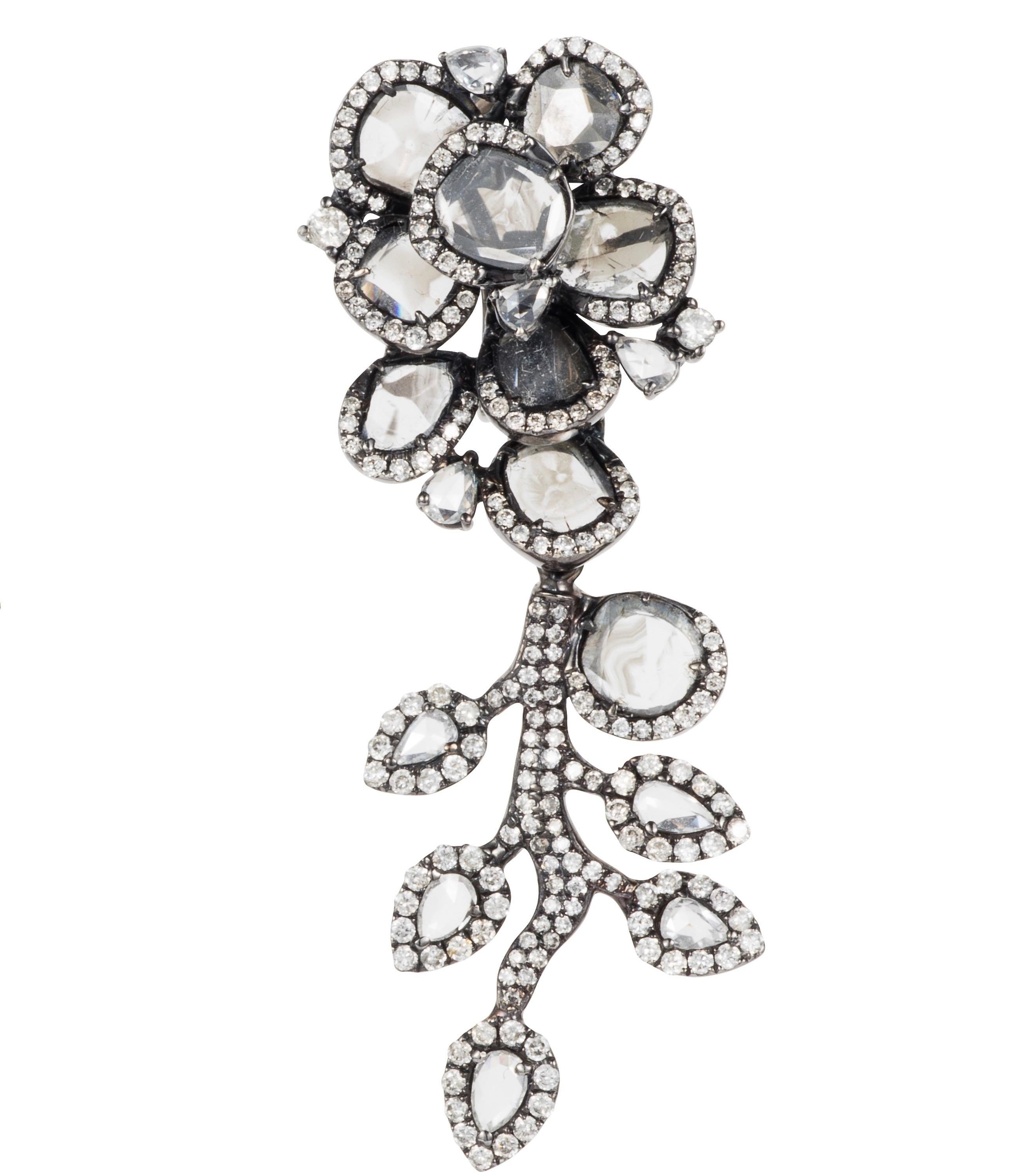 Manpriya B Slice, Rose Cut Diamond 18K White Gold Diva Dangle Drop Earrings In New Condition For Sale In London, GB
