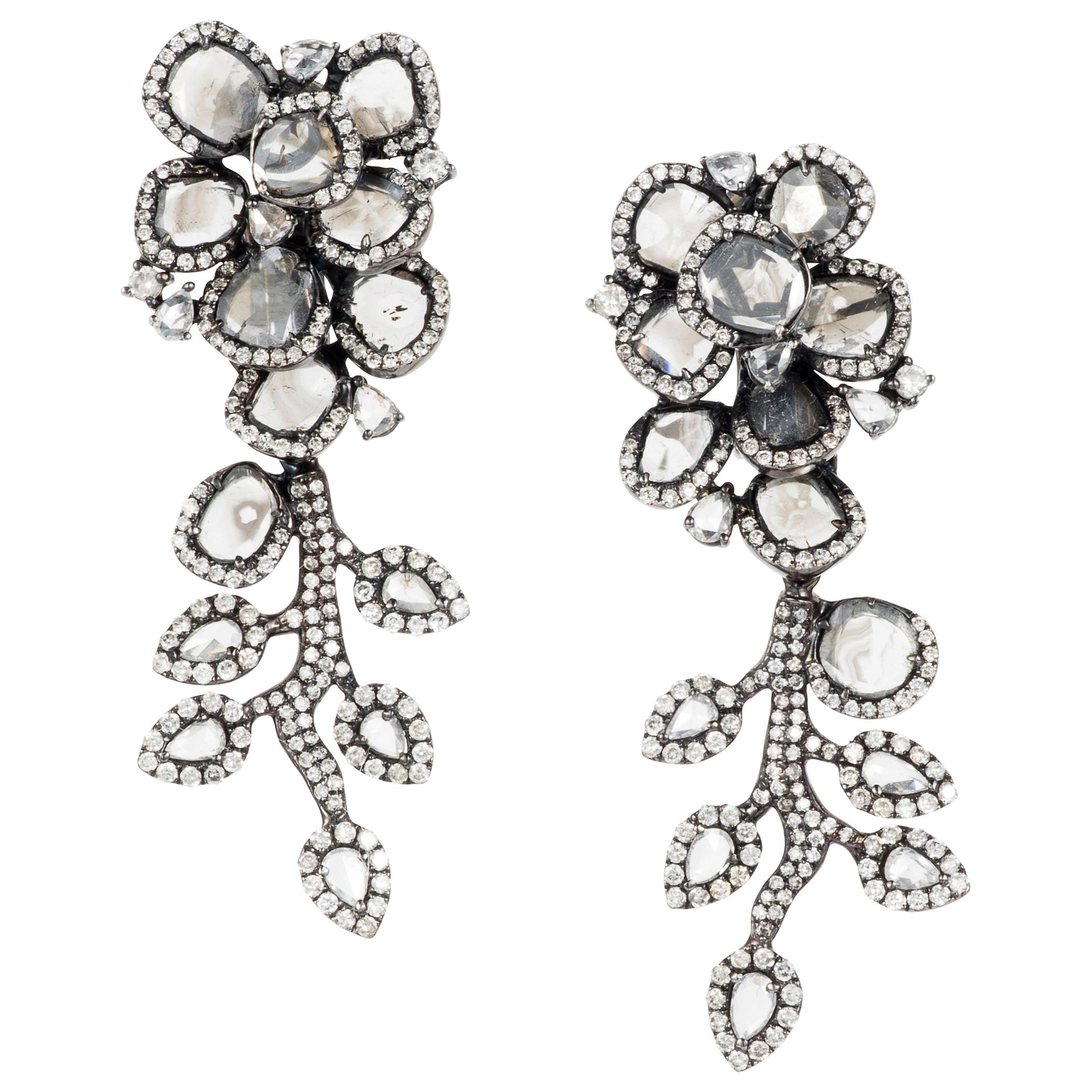 Manpriya B Slice, Rose Cut Diamond 18K White Gold Diva Dangle Drop Earrings For Sale