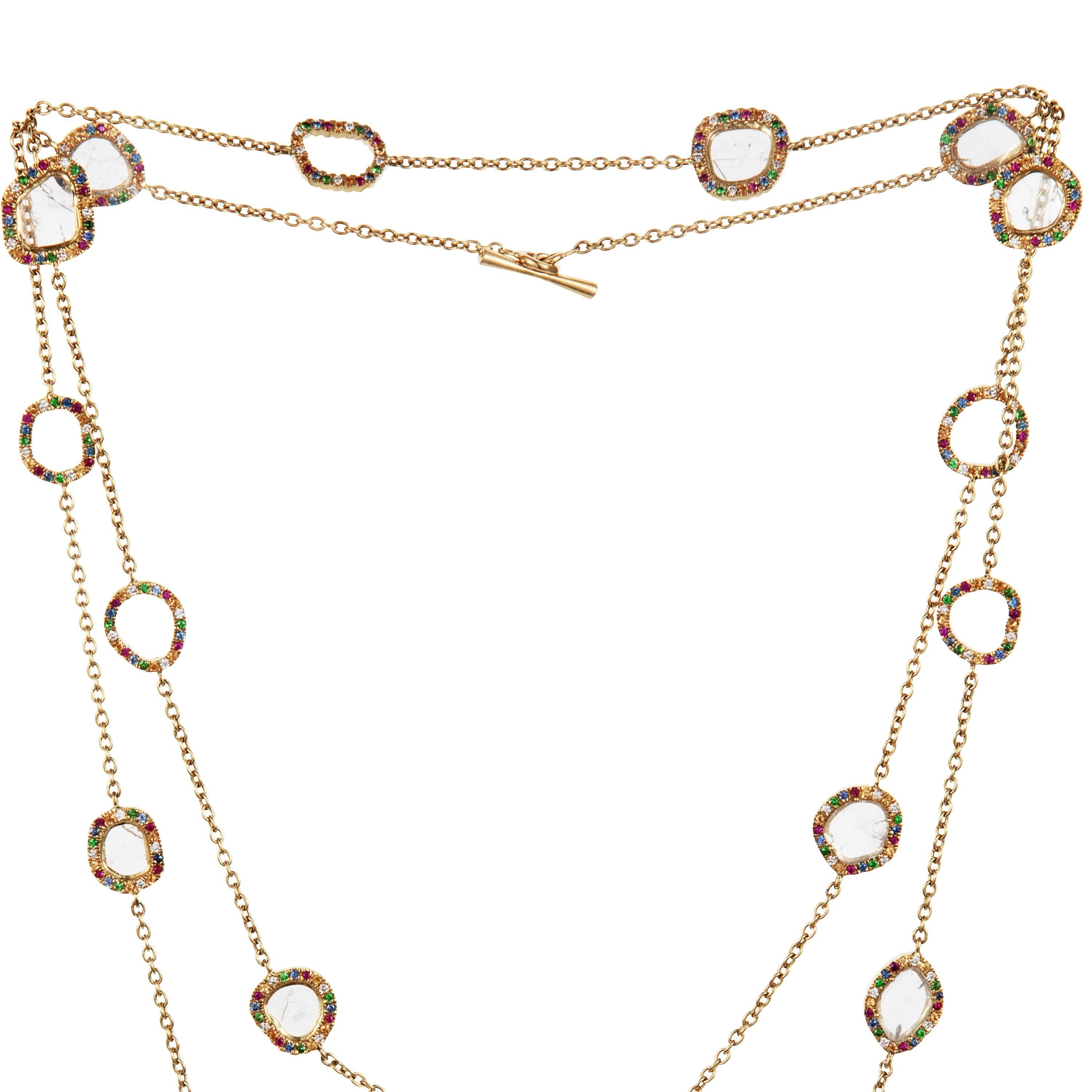 Women's or Men's Manpriya B Slice Diamond, Ruby Coloured Sapphires, Tsavorite Diva Chain Necklace For Sale