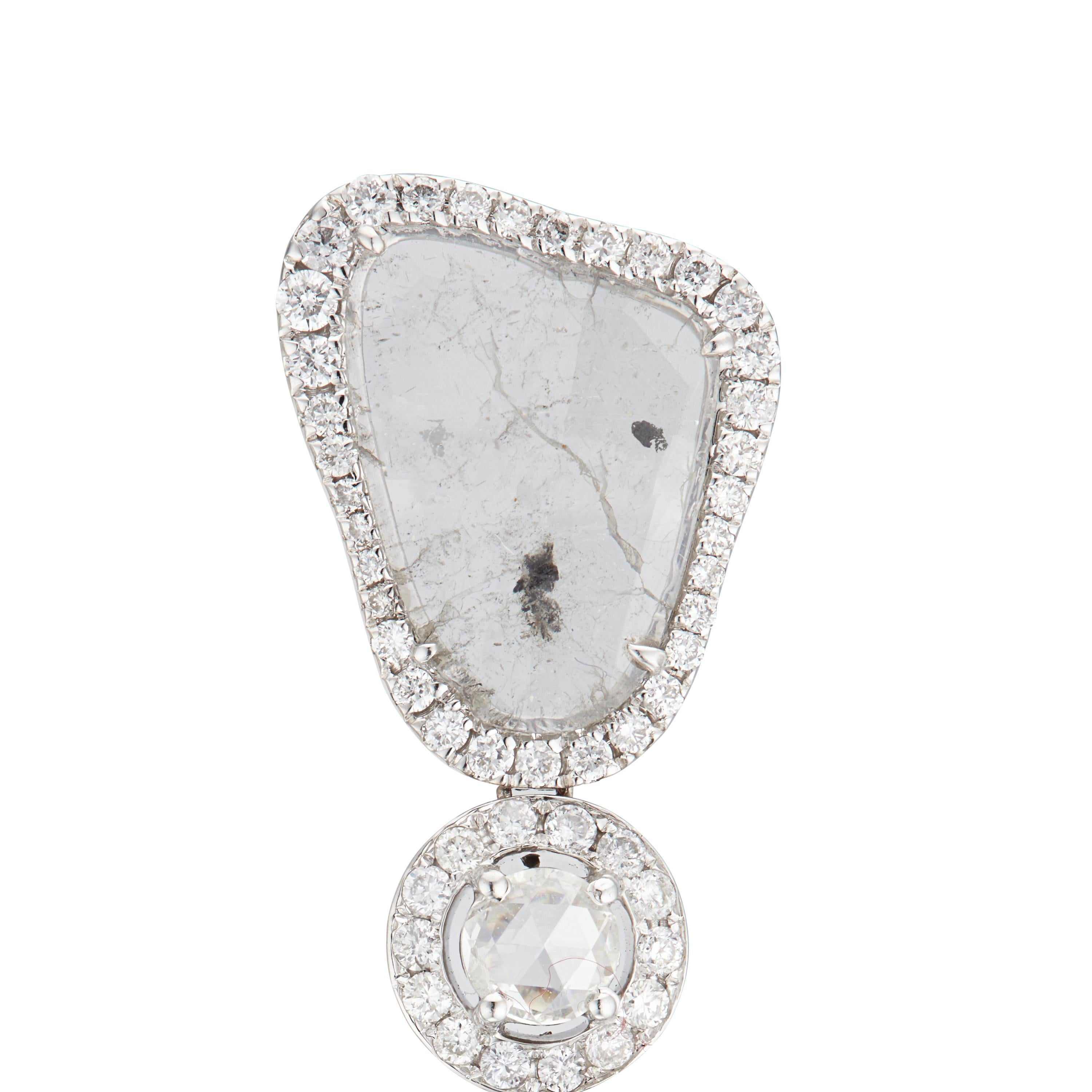 Round Cut Manpriya B Slice, Rose Cut & White Diamond 18K White Gold Diva Drop Earrings For Sale
