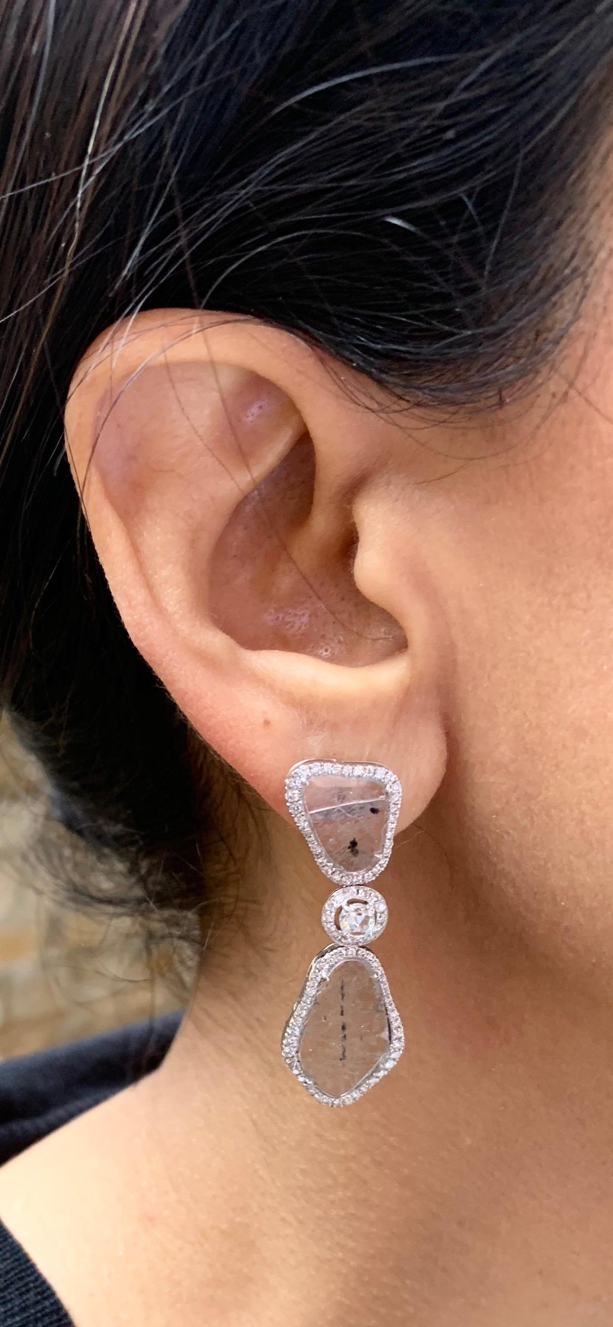 Manpriya B Slice, Rose Cut & White Diamond 18K White Gold Diva Drop Earrings For Sale 1