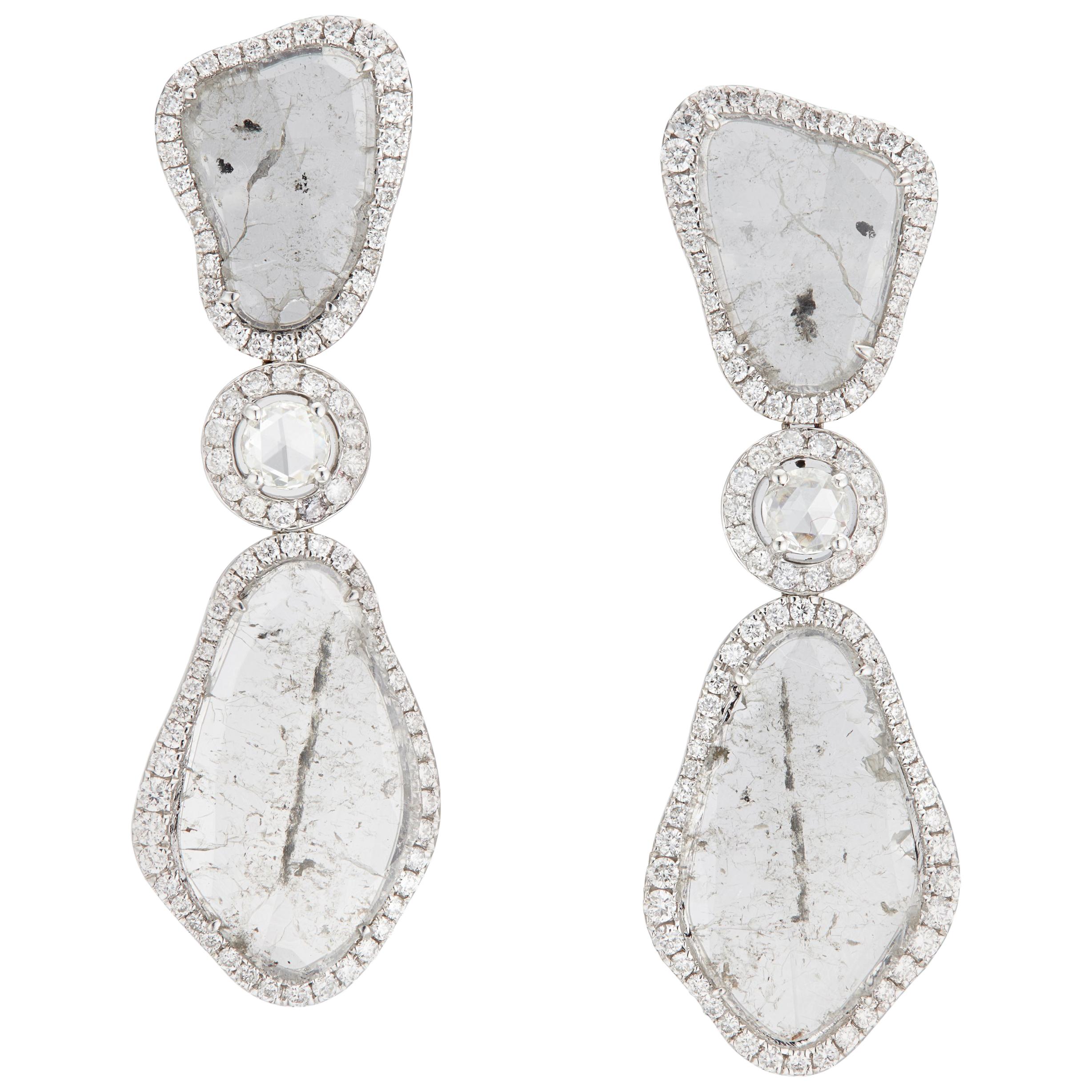Manpriya B Slice, Rose Cut & White Diamond 18K White Gold Diva Drop Earrings For Sale
