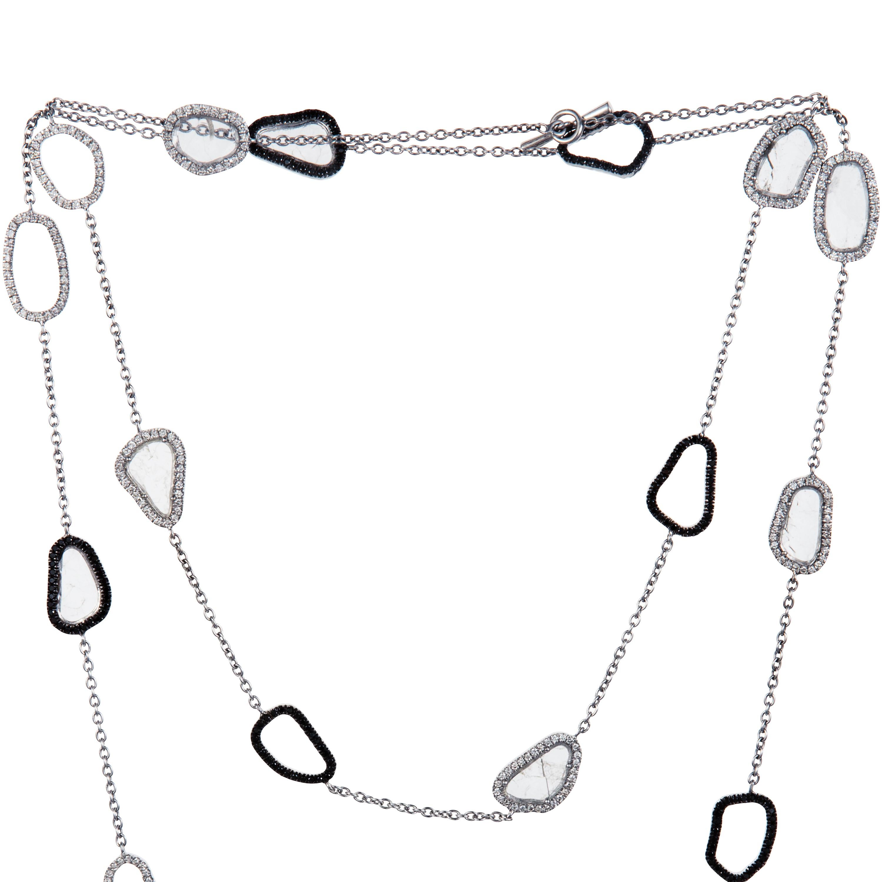 Contemporary Manpriya B White Gold Bezel Black, White Slice Diamond Cable Chain Necklace For Sale
