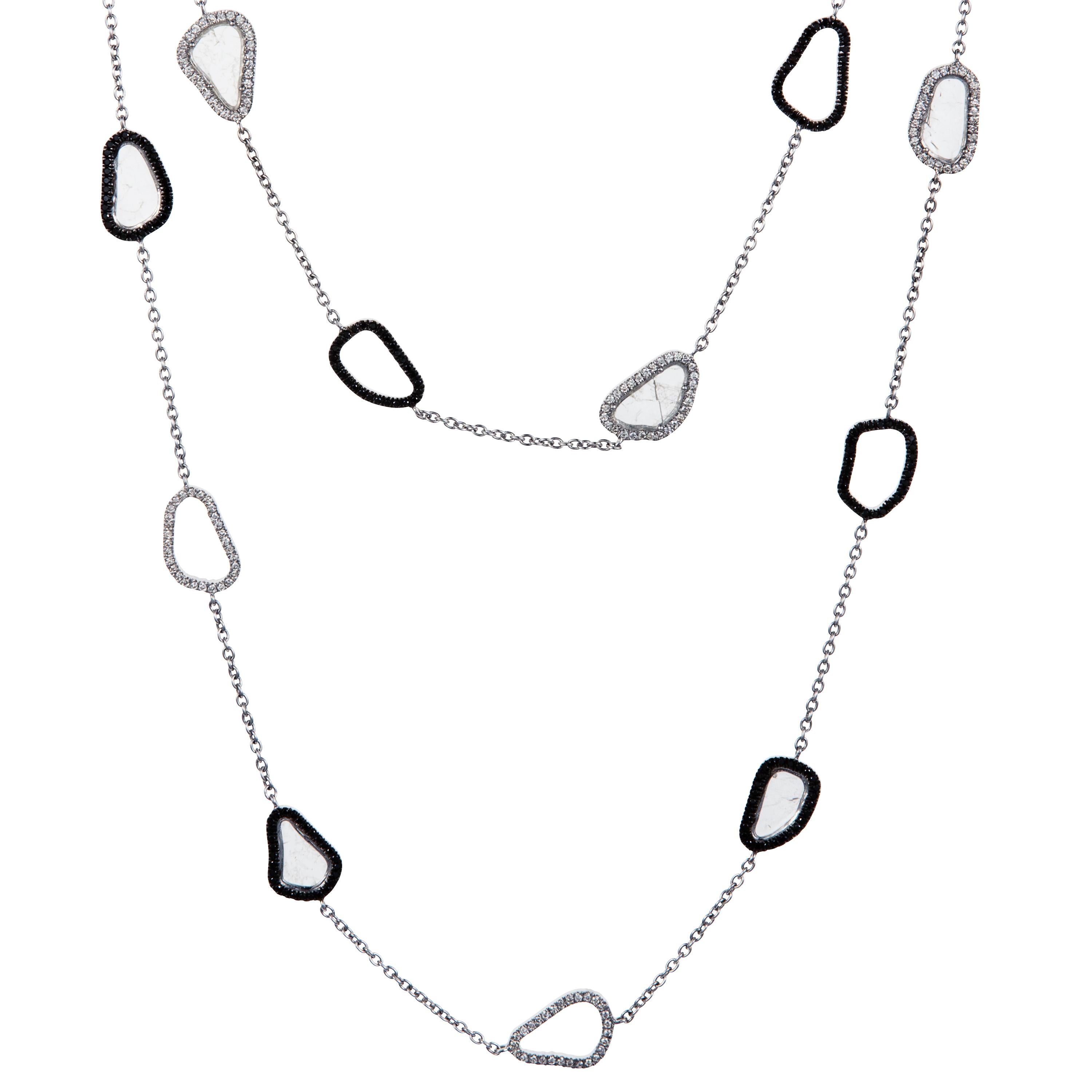 Round Cut Manpriya B White Gold Bezel Black, White Slice Diamond Cable Chain Necklace For Sale