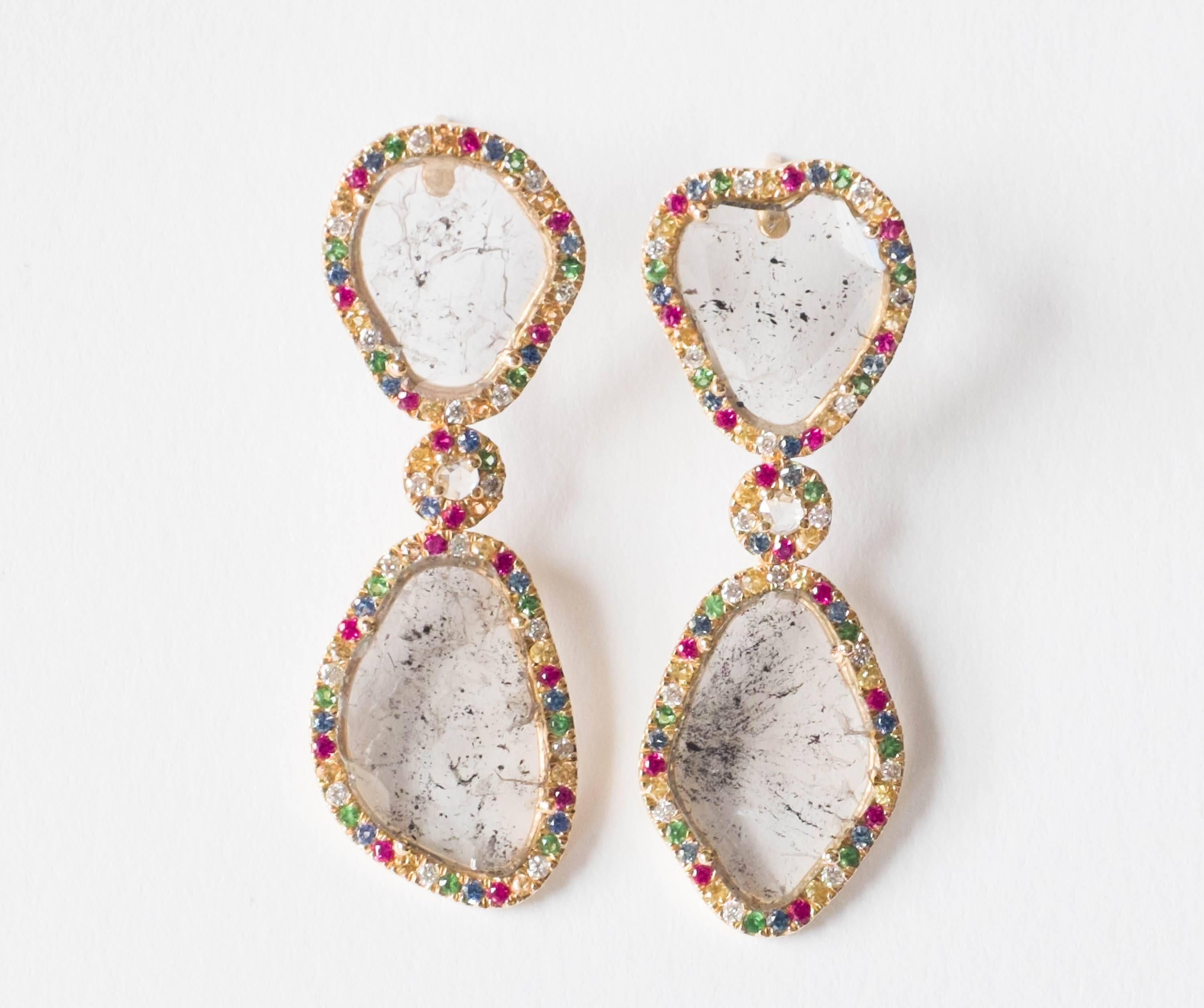 Manpriya B Slice Diamond Ruby, Coloured Sapphire & Tsavorite Diva Drop Earrings  1
