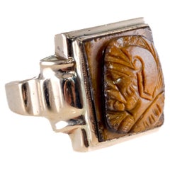 Unisex Art Deco 10kt. Solid Gold Tiger Eye Hand Constructed Ring from 1940s