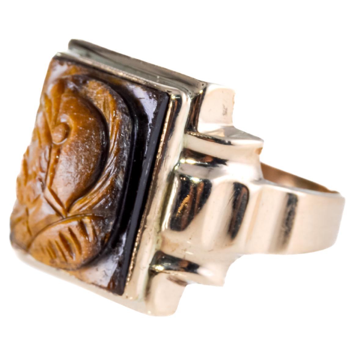 Unisex Art Deco 10kt. Solid Gold Tiger Eye Hand Constructed Ring from 1940s For Sale 3