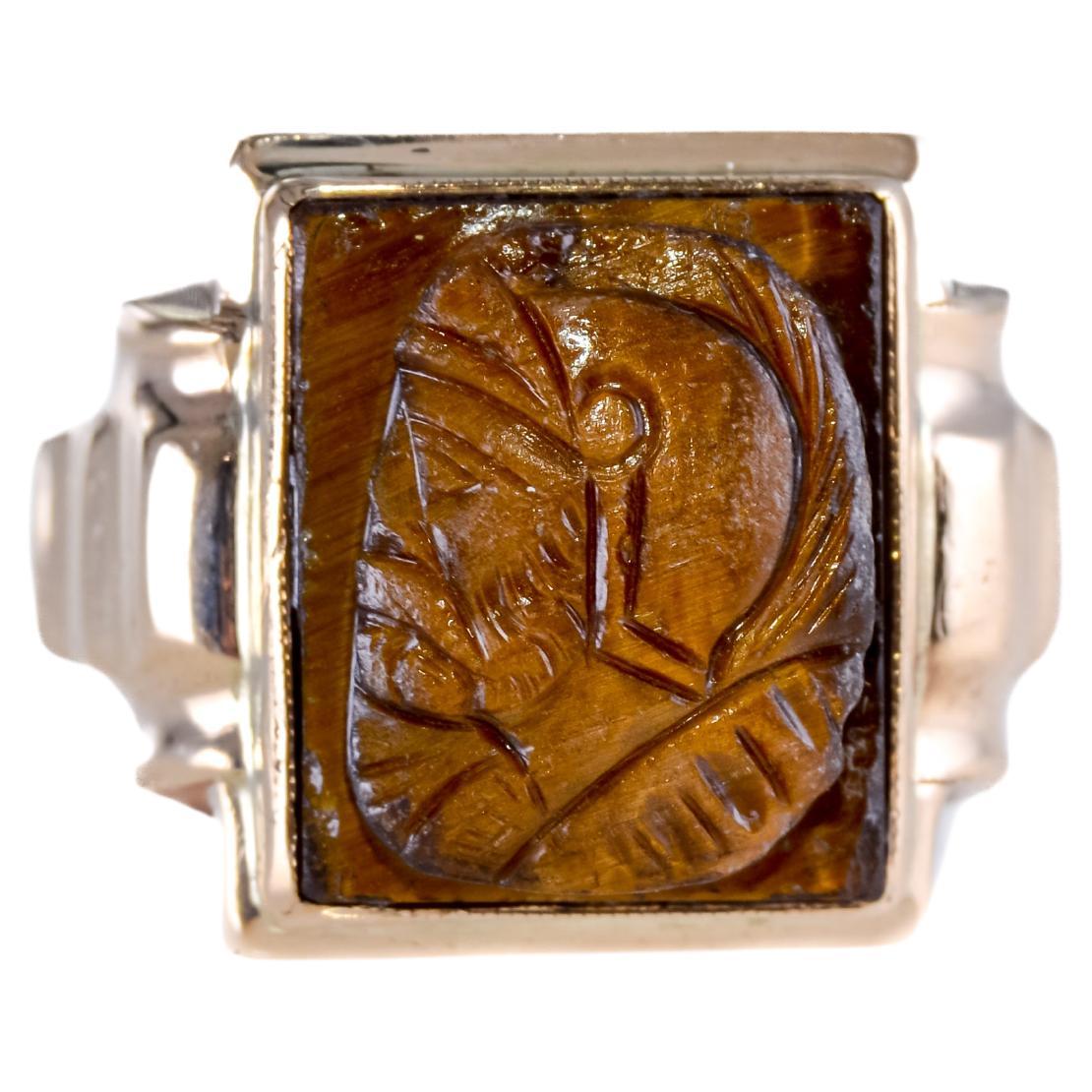 Unisex Art Deco 10kt. Solid Gold Tiger Eye Hand Constructed Ring from 1940s For Sale