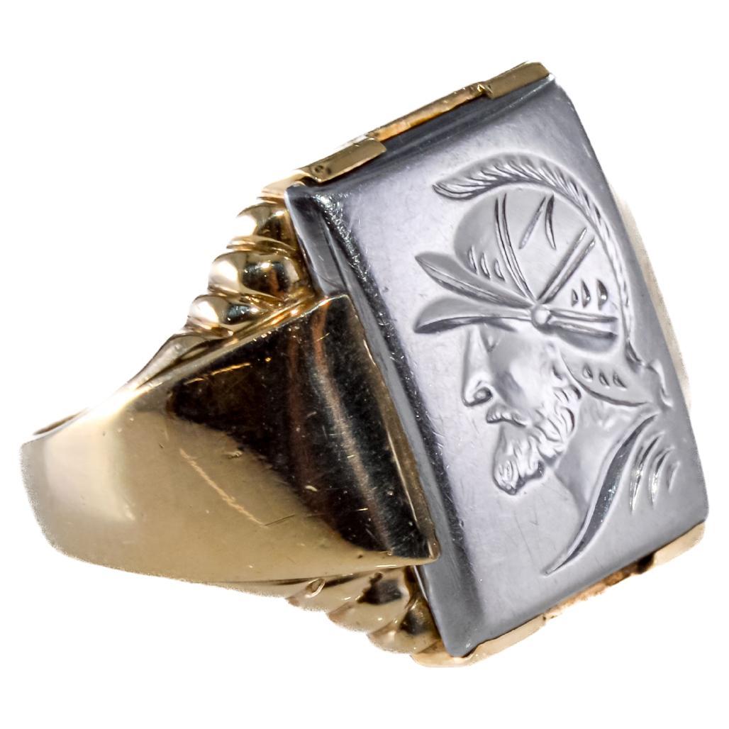 Unisex Art Deco Intaglio 10kt Solid Gold Handmade Ring Set with Hematite, 1940s In Excellent Condition For Sale In Long Beach, CA