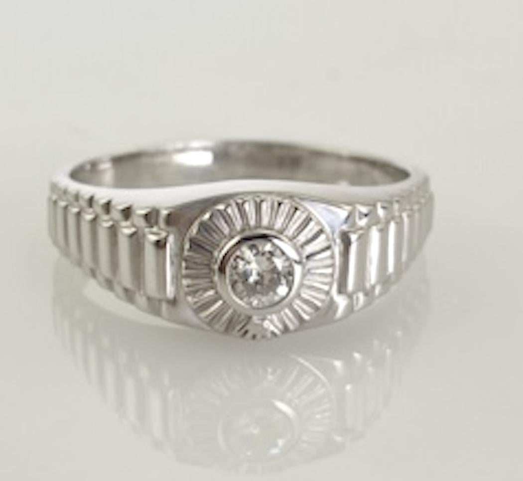 Round Cut Mans Diamond Ring Solitaire .21 Carat White Gold Rolex Style mounting For Sale