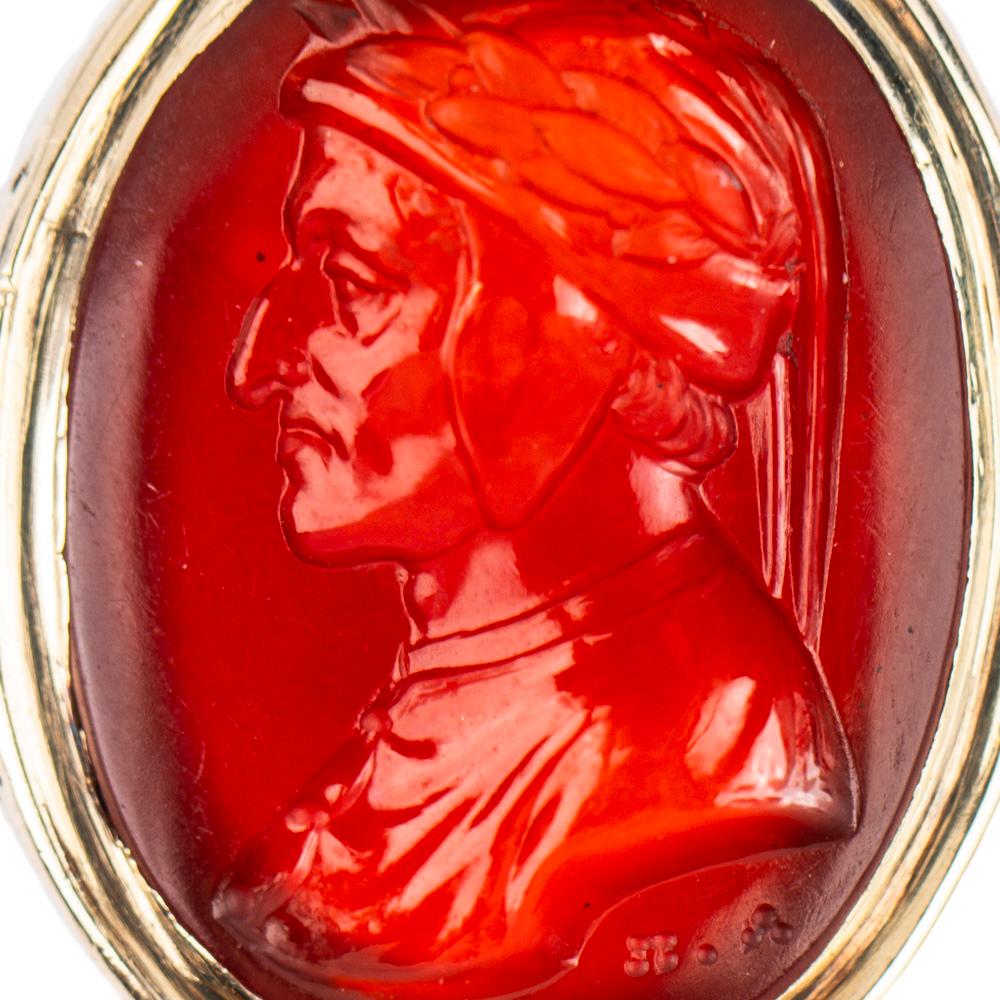 Oval Cut Man's Gold Carnelian Intaglio Ring of Dante by Alessandro Merli Circa 1810