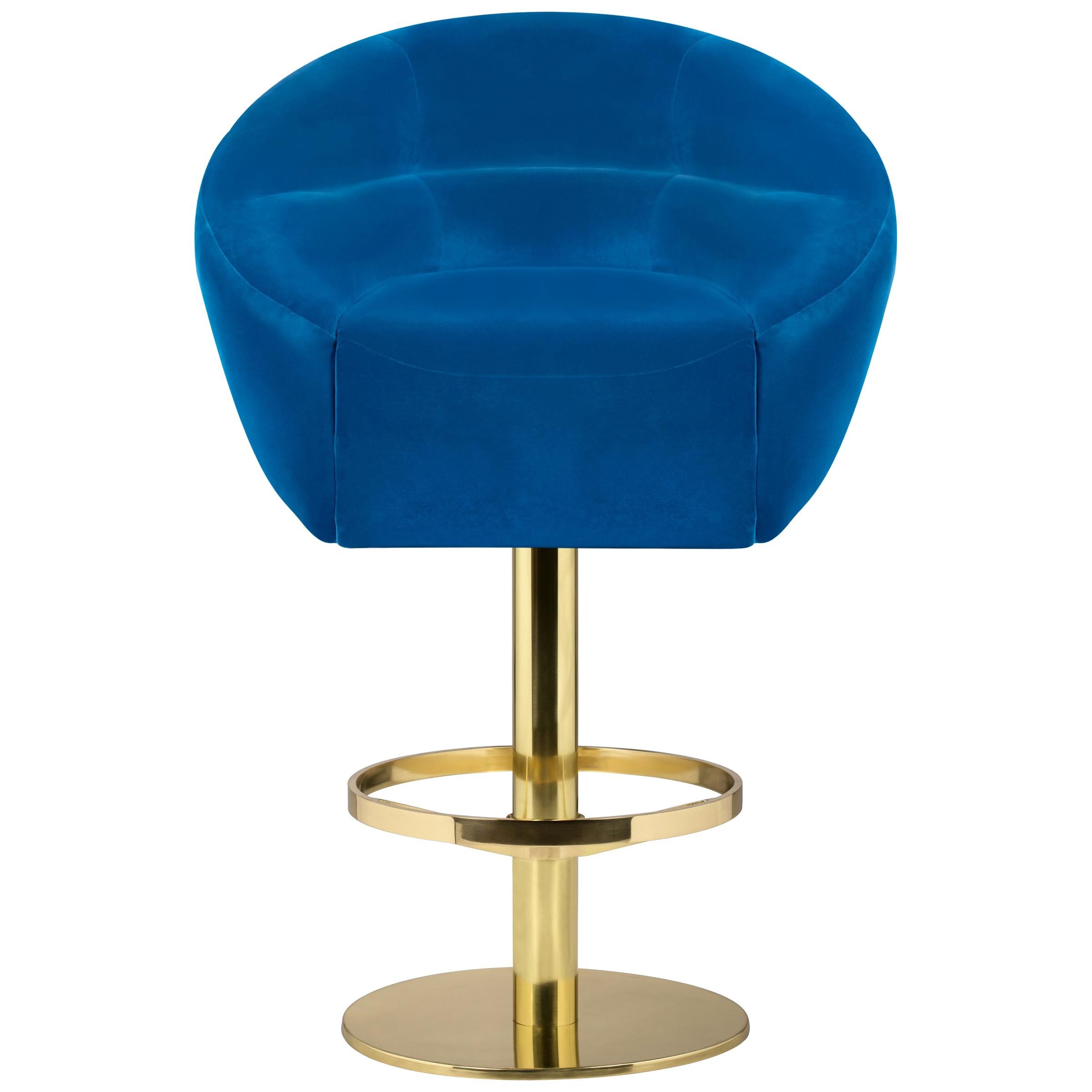 Mansfield Bar Chair in Blue Velvet with Brass Base For Sale