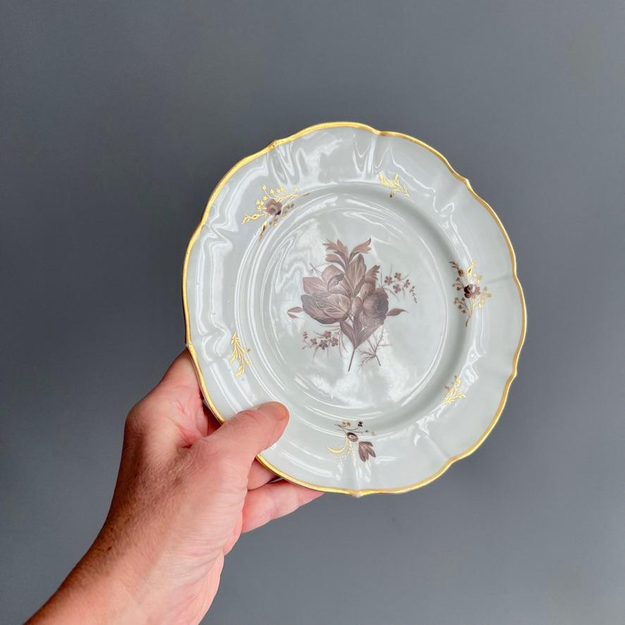 George III Assiette Mansfield, Monochrome Sépia Ranunculus par W. Billingsley, 1799-1802 (2) en vente