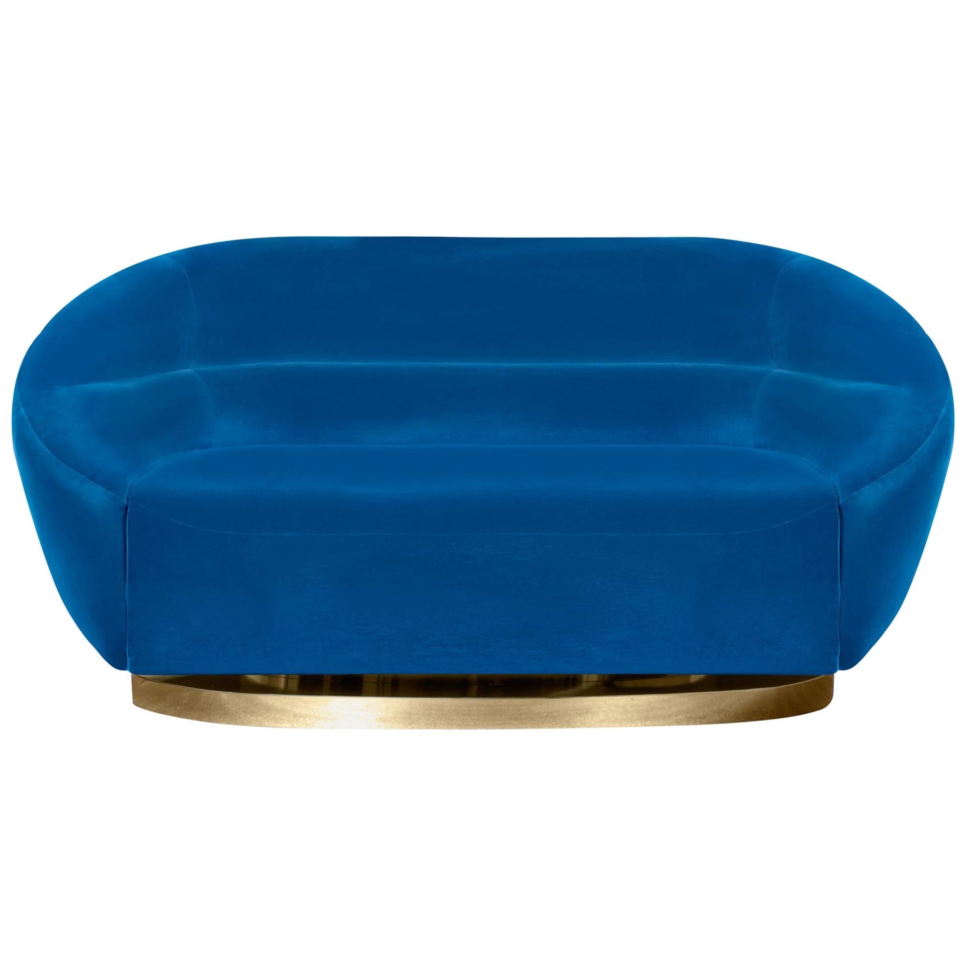 Mansfield Sofa in Blue Velvet with Brass Base For Sale