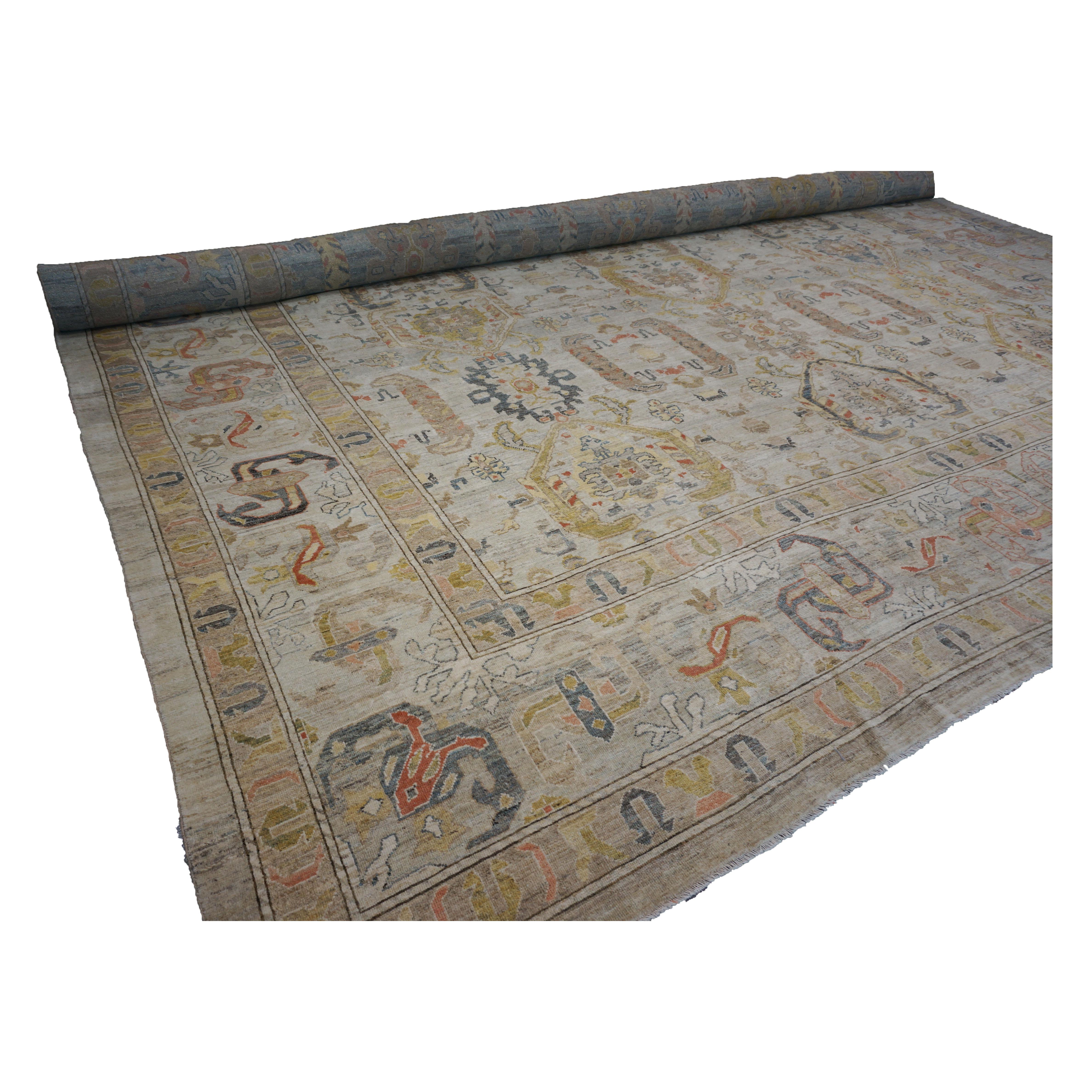 Mansion-sized Antique Recreation 100% Handmade in Turkey by Master Weavers. Sultanabad rugs are highly coveted by both connoisseurs and interior designers for their timeless appeal.

Crafted with all vegetable-dyed, handspun wool and meticulously