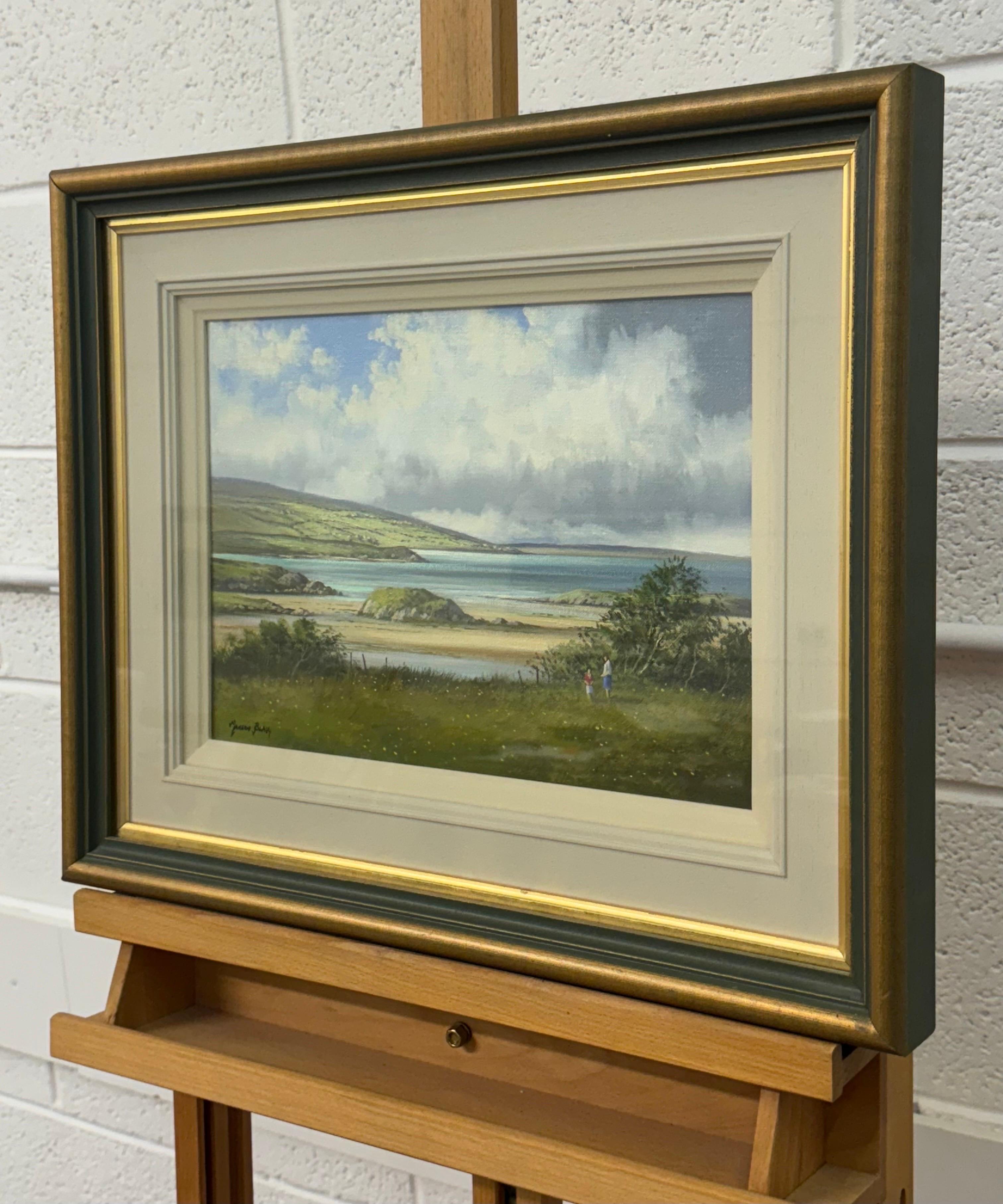 Mother & Child at a Beach on the West Coast of Ireland by 20th Century Irish Artist, Manson Blair. Presented in a high quality vintage gold frame with green insert and cream mount, behind glass.

Art measures 14 x 10 inches
Frame measures 20 x 16