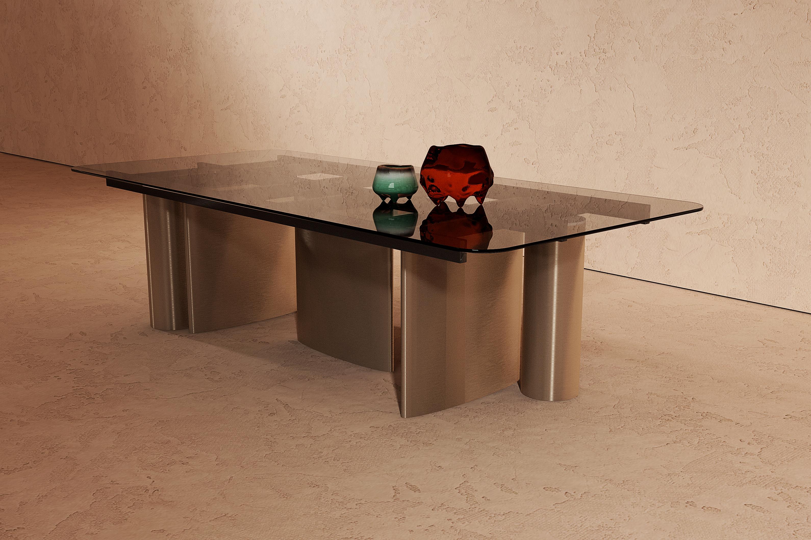 Italian Manson dining table with matte brushed bronze metal legs glass top For Sale