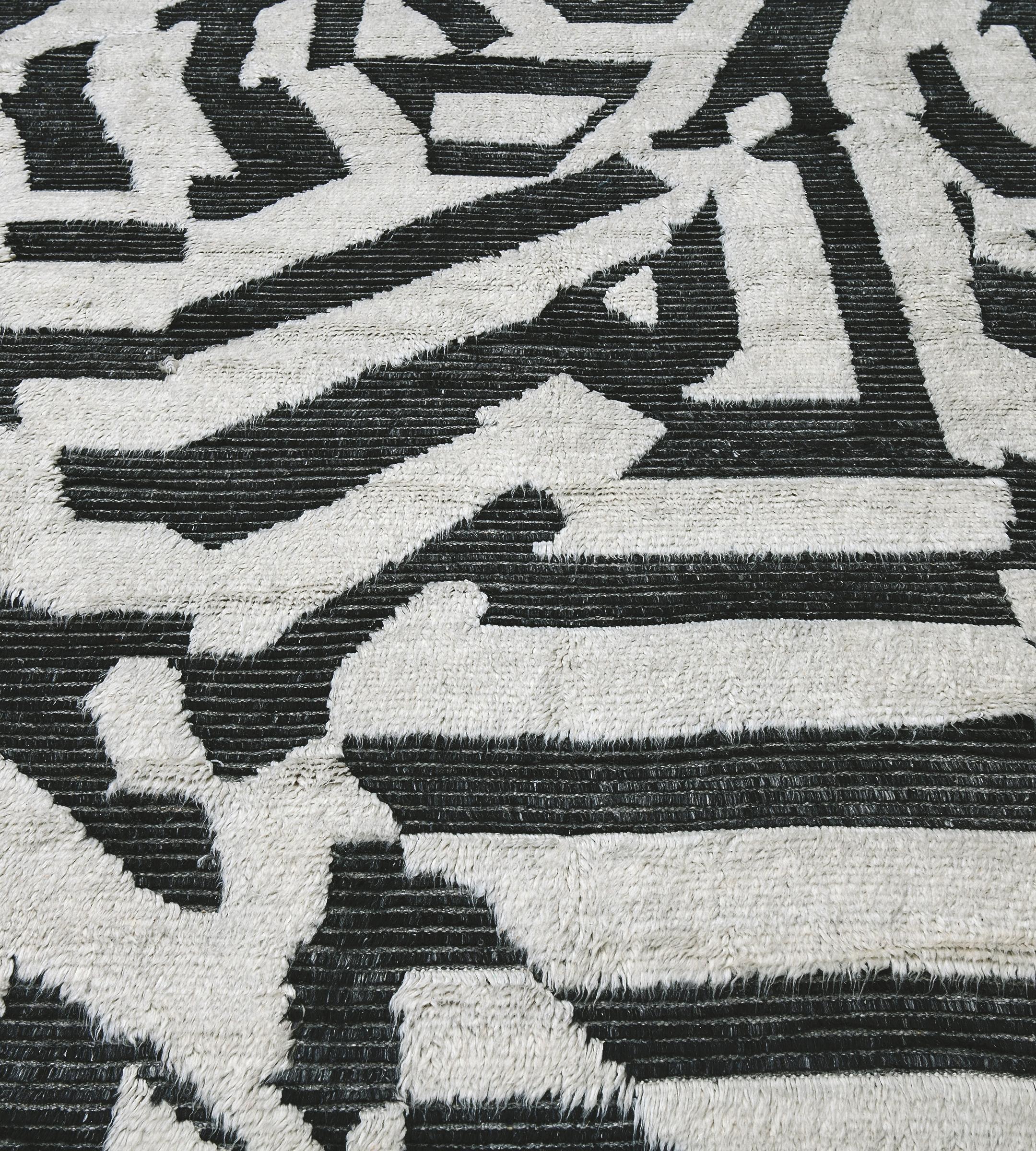 Contemporary Mansour Modern Steel Grey and White Moroccan-Inspired Rug For Sale