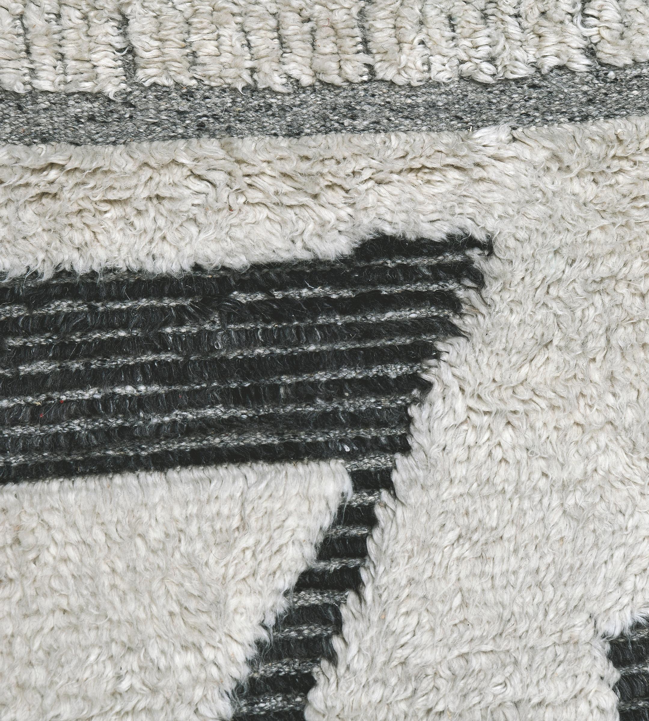 Indian Mansour Modern Steel Grey and White Moroccan-Inspired Rug For Sale