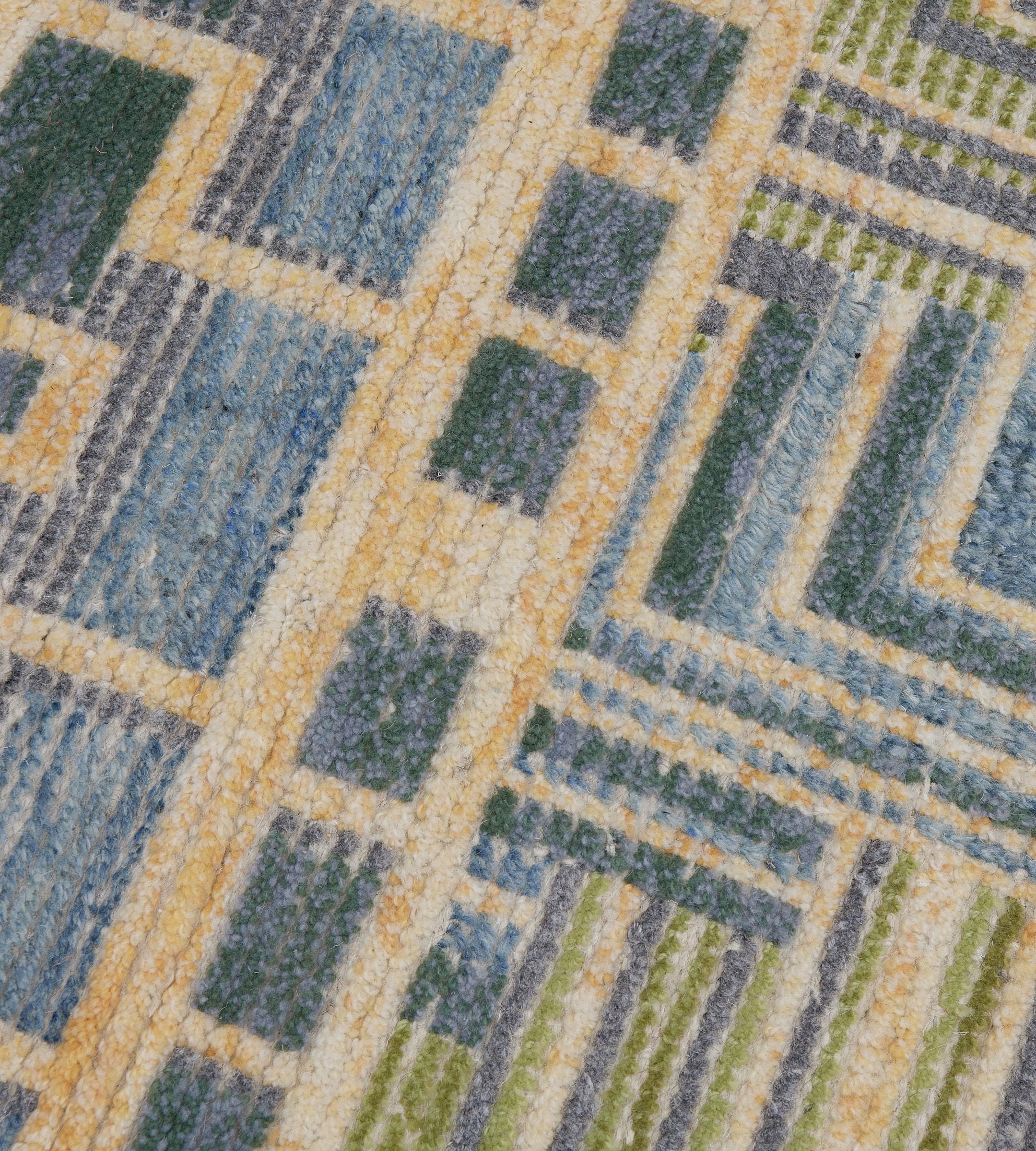 Tapis contemporain 100% laine d'inspiration suédoise vert et bleu en vente 3