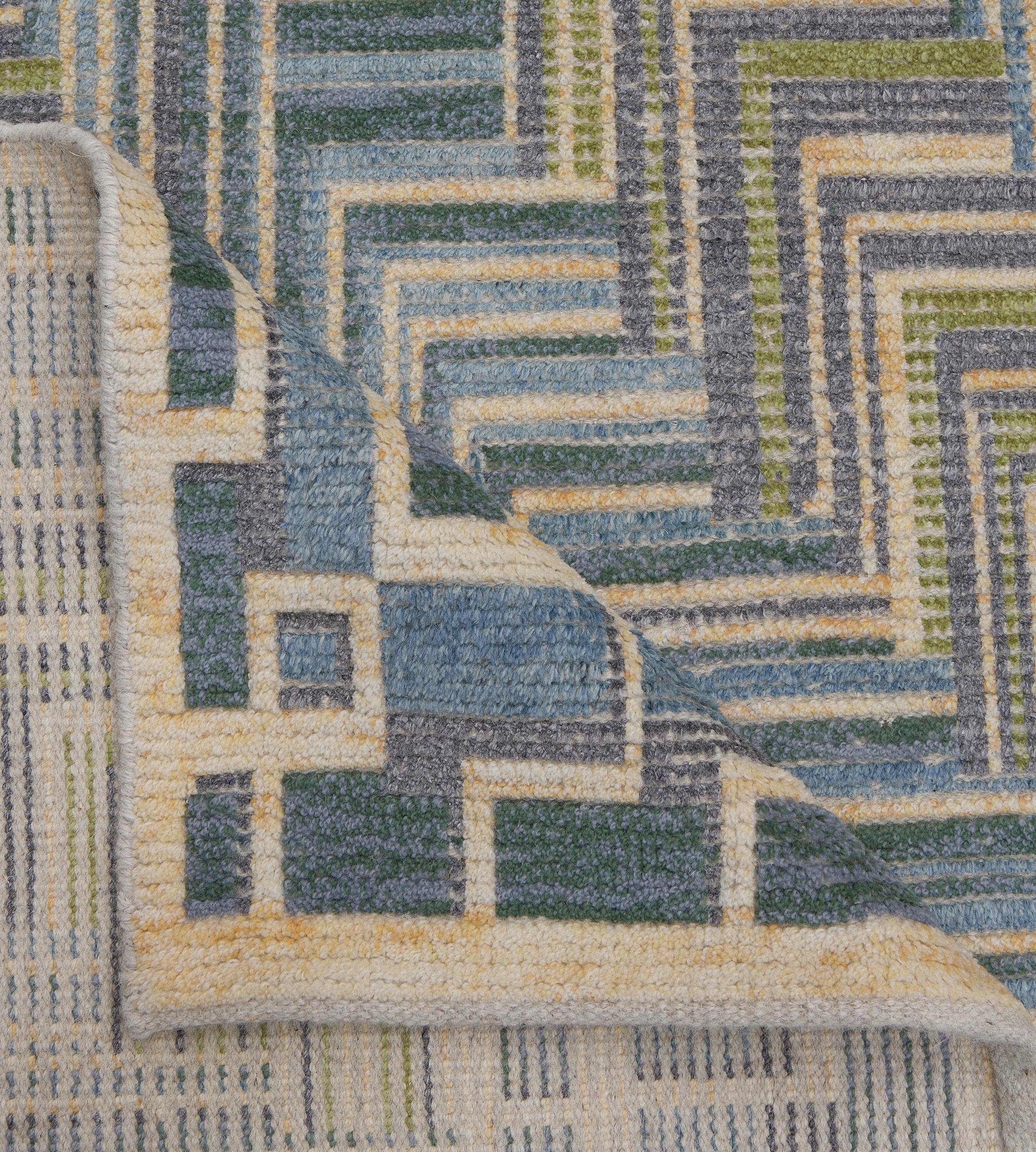 Tapis contemporain 100% laine d'inspiration suédoise vert et bleu en vente 4