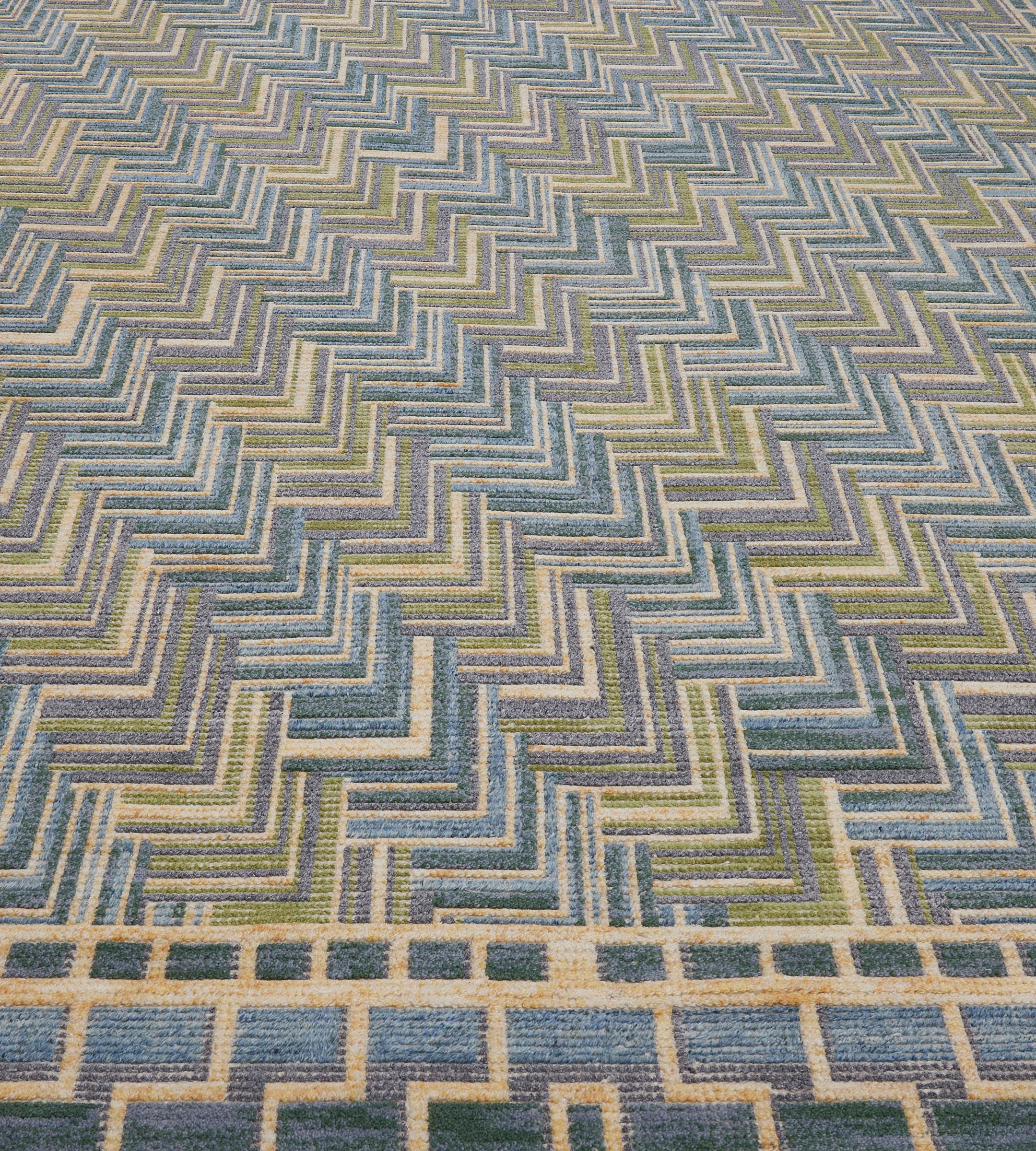 Indien Tapis contemporain 100% laine d'inspiration suédoise vert et bleu en vente
