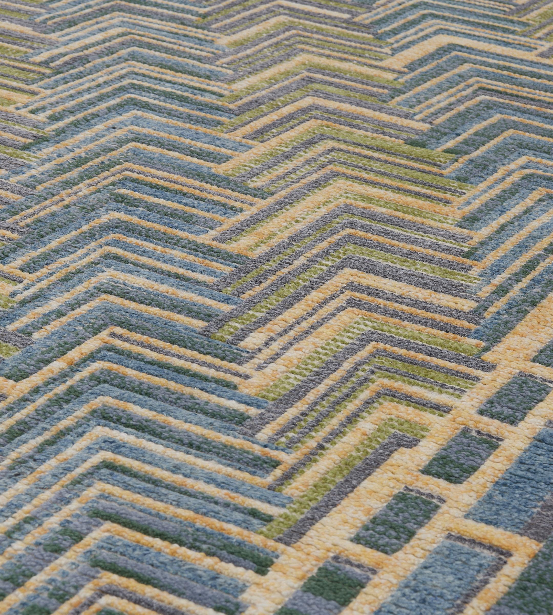 Contemporary 100% Wool Swedish-Inspired Green and Blue Rug In New Condition For Sale In West Hollywood, CA