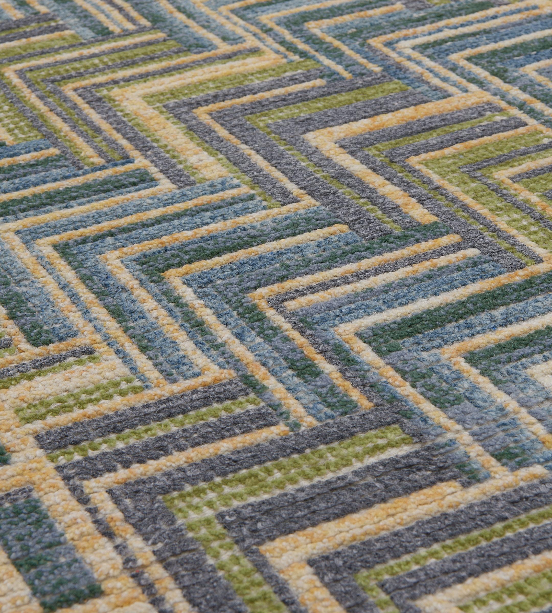 Tapis contemporain 100% laine d'inspiration suédoise vert et bleu en vente 1
