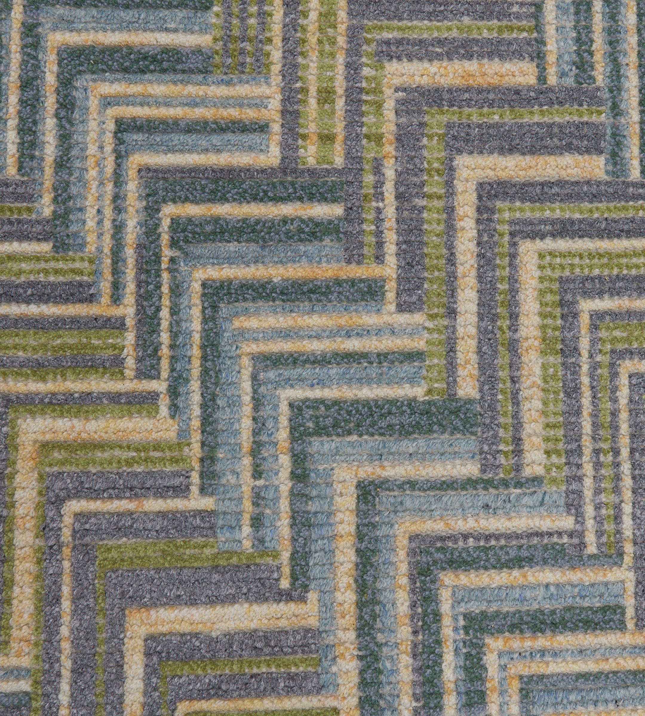 Contemporary 100% Wool Swedish-Inspired Green and Blue Rug For Sale 4
