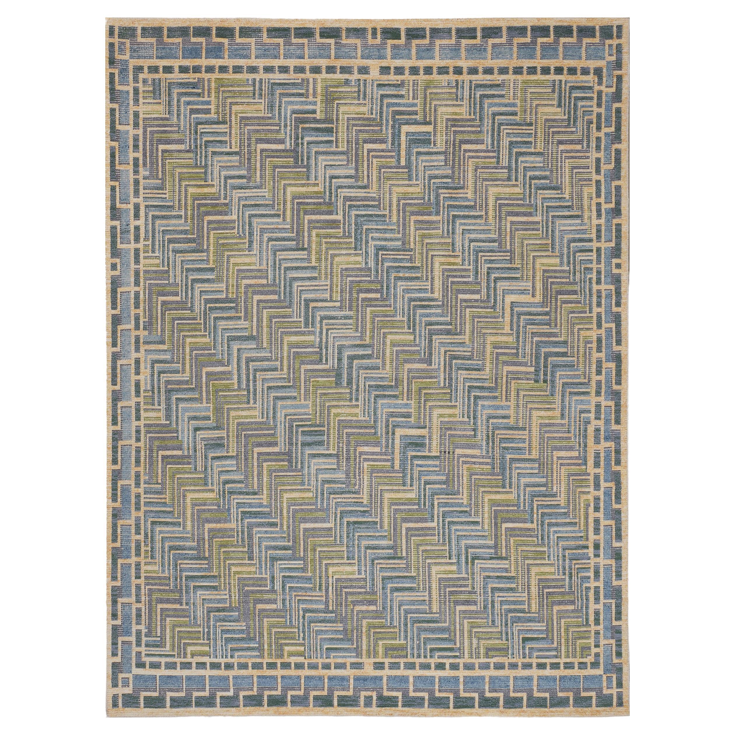 Contemporary 100% Wool Swedish-Inspired Green and Blue Rug For Sale