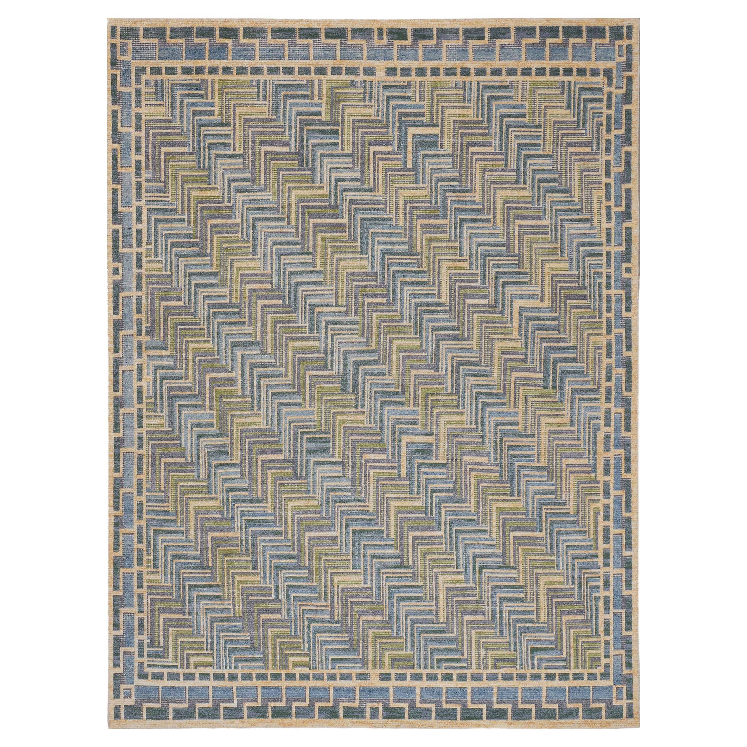 Tapis contemporain 100% laine d'inspiration suédoise vert et bleu en vente