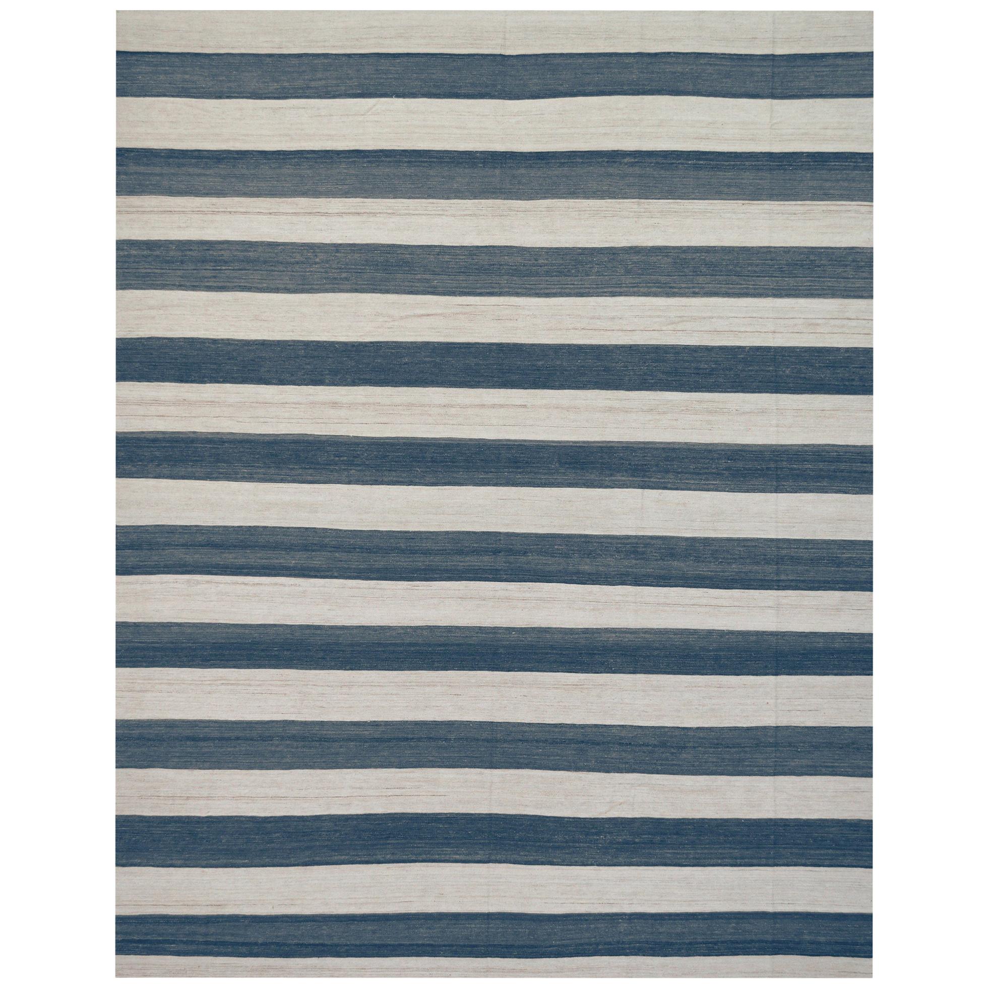 Mansour Modern Wool Handwoven Flat-Weave Striped Rug For Sale