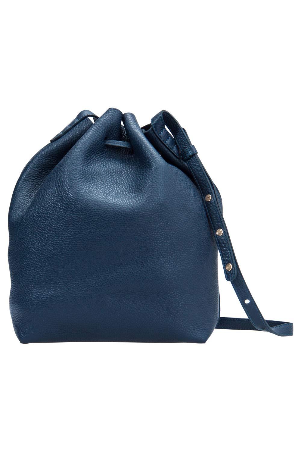 This wonderful Mansur Gavriel design is made from leather and enhanced with gold-tone hardware. The bag has a bucket shape with a drawstring closure that secures the leather interior. It is complete with a shoulder strap. Navy blue in color, it is
