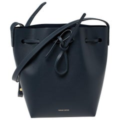 Used Mansur Gavriel Navy Blue Leather Drawstring Bucket Bag