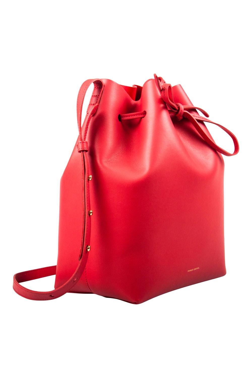 red leather blue bucket bag