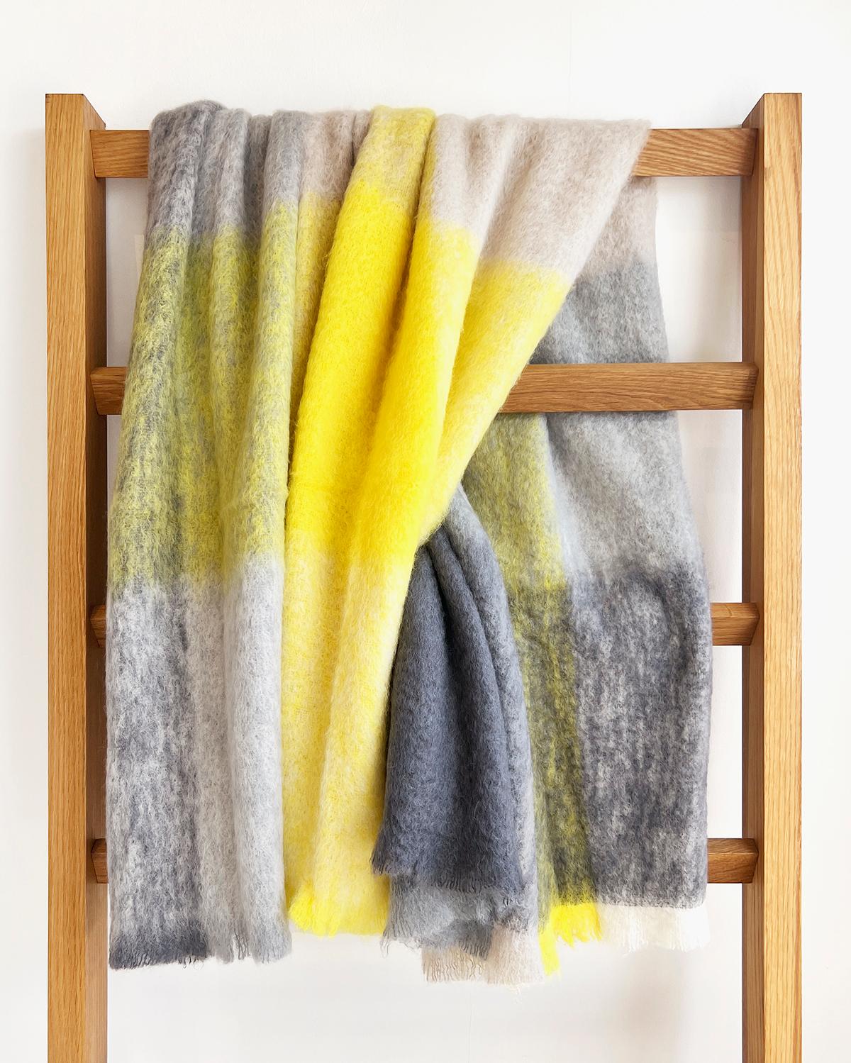 Spanish Mantas Ezcaray Gray and Yellow Checkered Fuzzy Mohair Blanket Throw For Sale