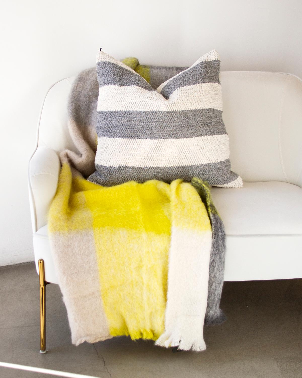 Rustic Mantas Ezcaray Gray and Yellow Checkered Fuzzy Mohair Blanket Throw For Sale