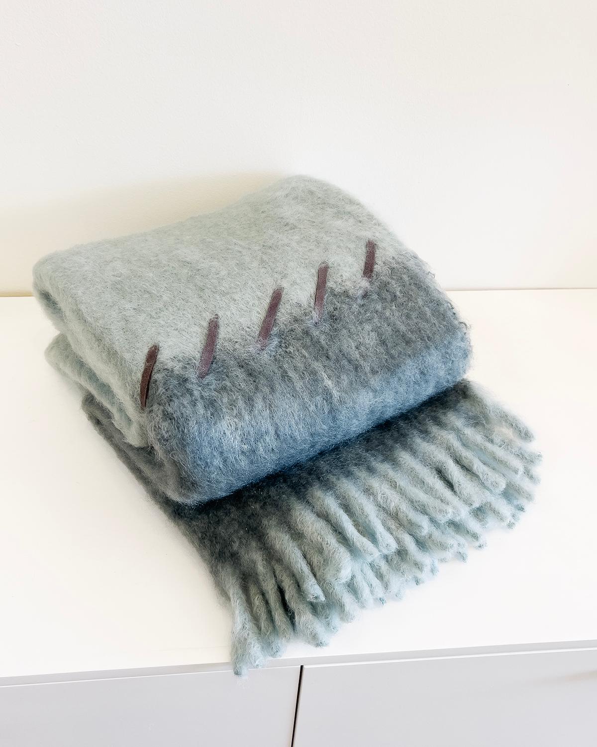 Hand-Woven Mantas Ezcaray Marine Blue and Seafoam Mohair Blanket Throw w/ Suede Whipstitch