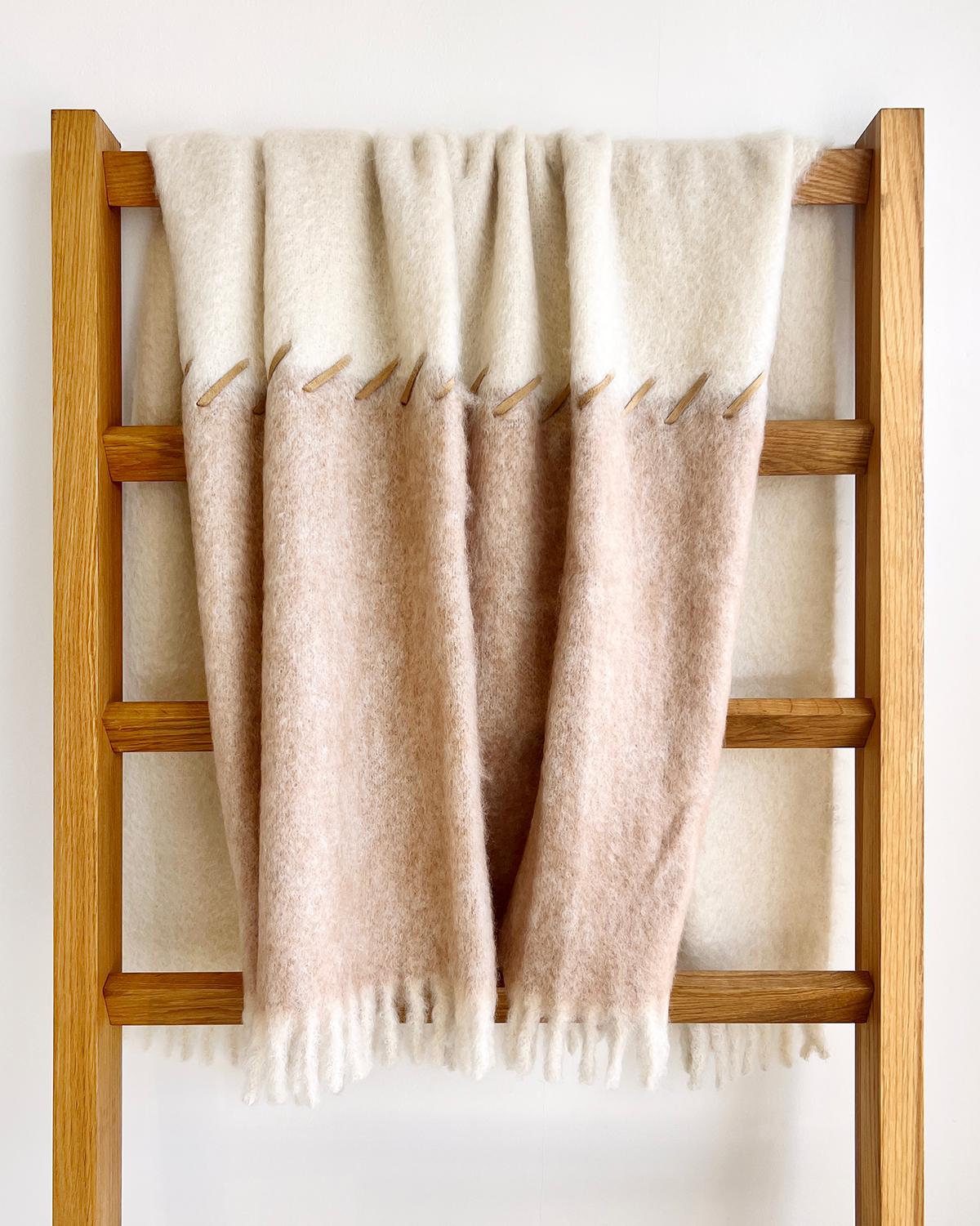 Spanish Mantas Ezcaray Oatmeal Beige and Cream Mohair Blanket Throw w/ Suede Whipstitch For Sale