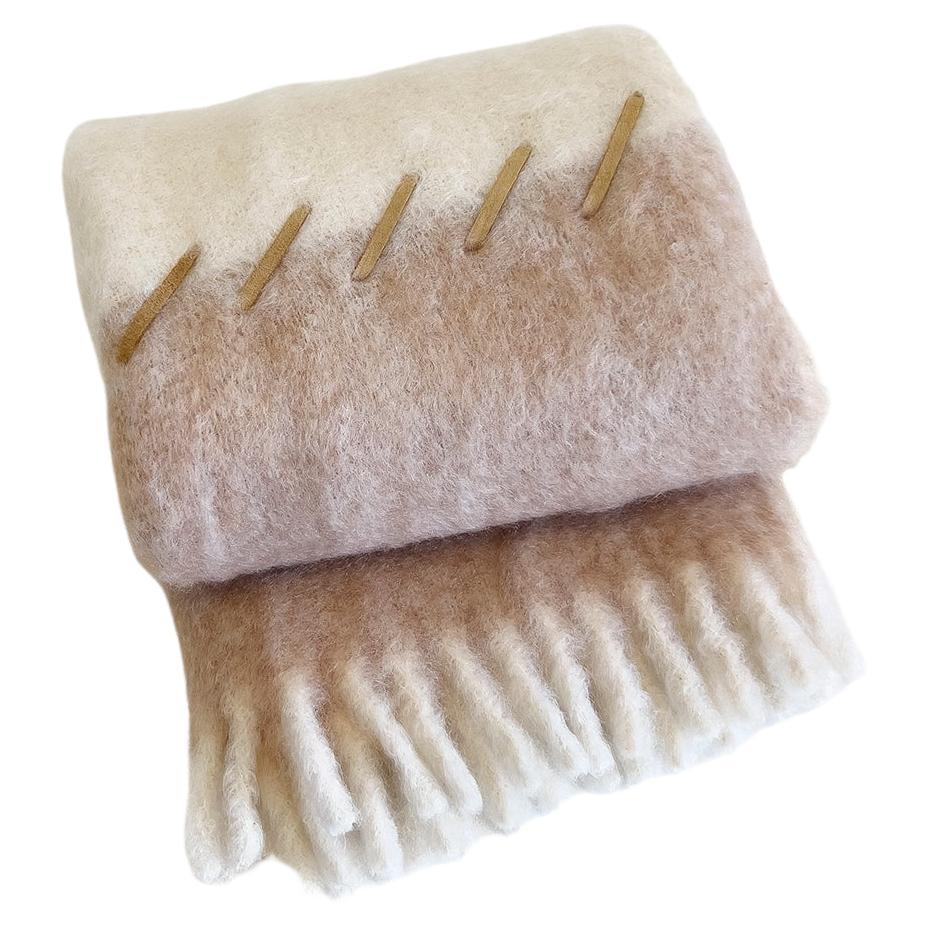 Mantas Ezcaray Oatmeal Beige and Cream Mohair Blanket Throw w/ Suede Whipstitch