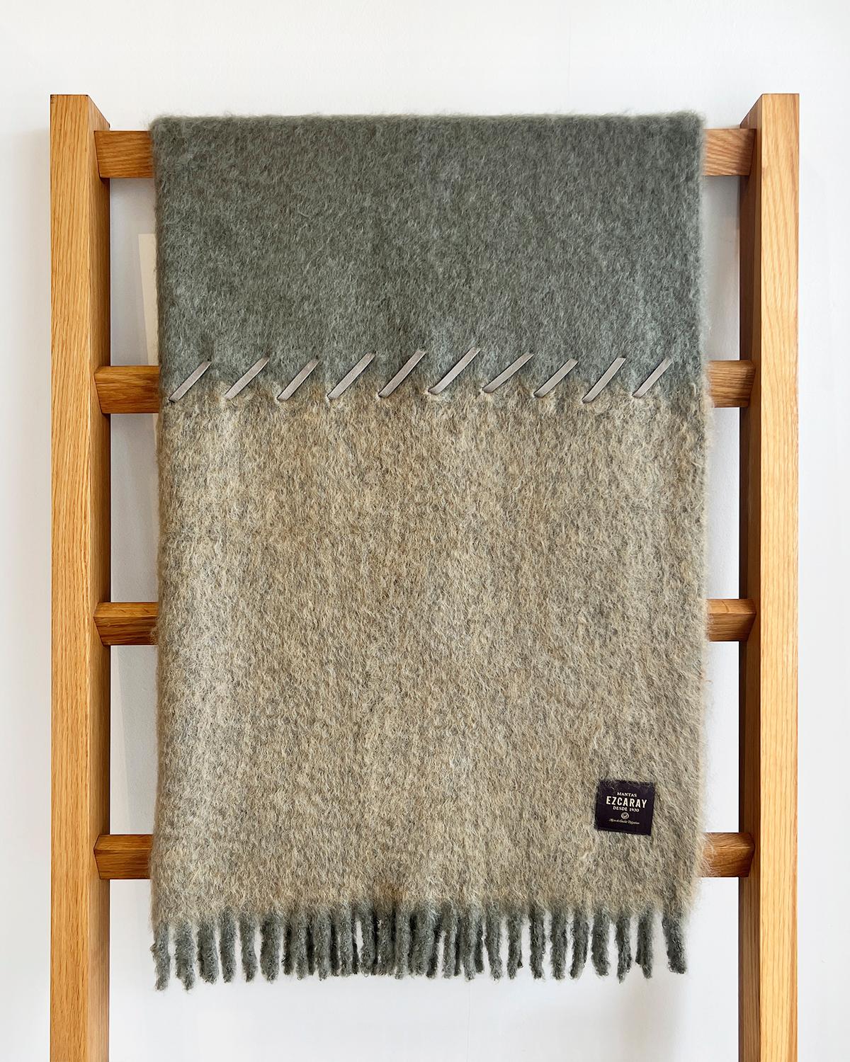 Rustic Mantas Ezcaray Sage and Moss Green Mohair Blanket Throw w/ Suede Whipstitch For Sale