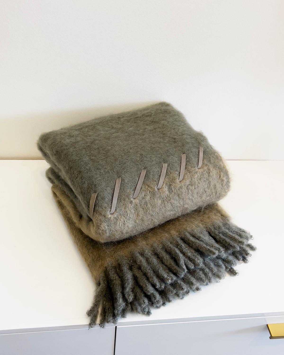 Spanish Mantas Ezcaray Sage and Moss Green Mohair Blanket Throw w/ Suede Whipstitch For Sale