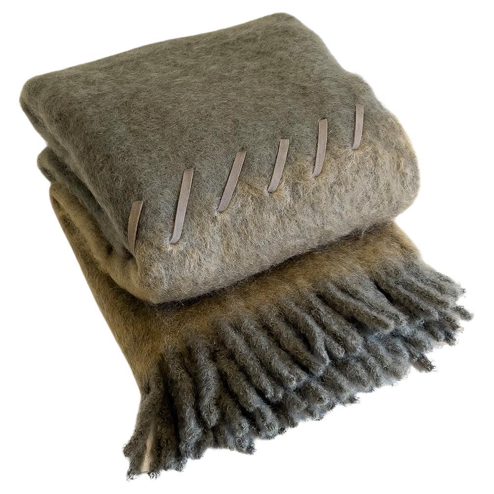 Mantas Ezcaray Sage and Moss Green Mohair Blanket Throw w/ Suede Whipstitch For Sale