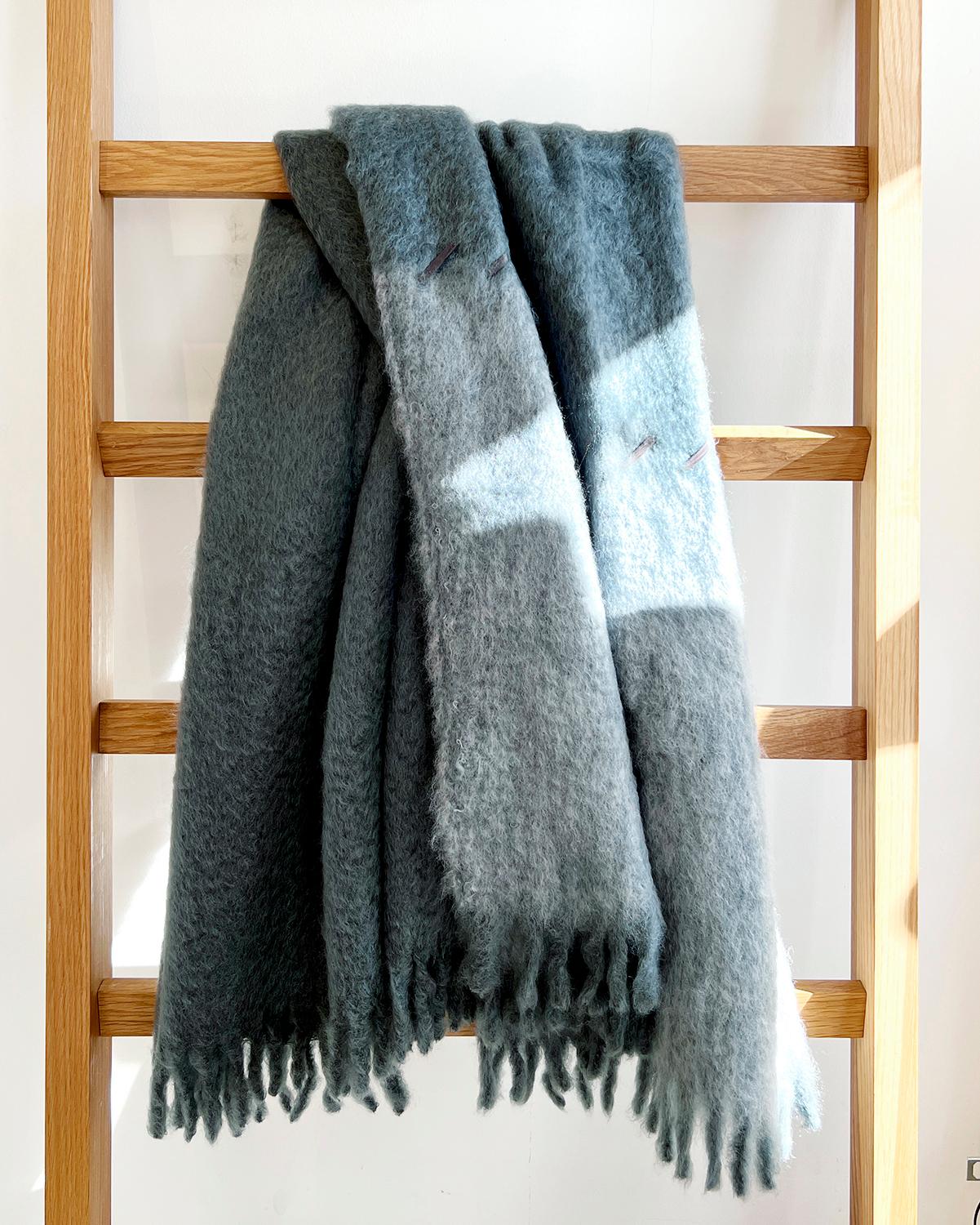 Spanish Mantas Ezcaray Steam and Smoke Blue Mohair Blanket Throw w/ Suede Whipstitch For Sale