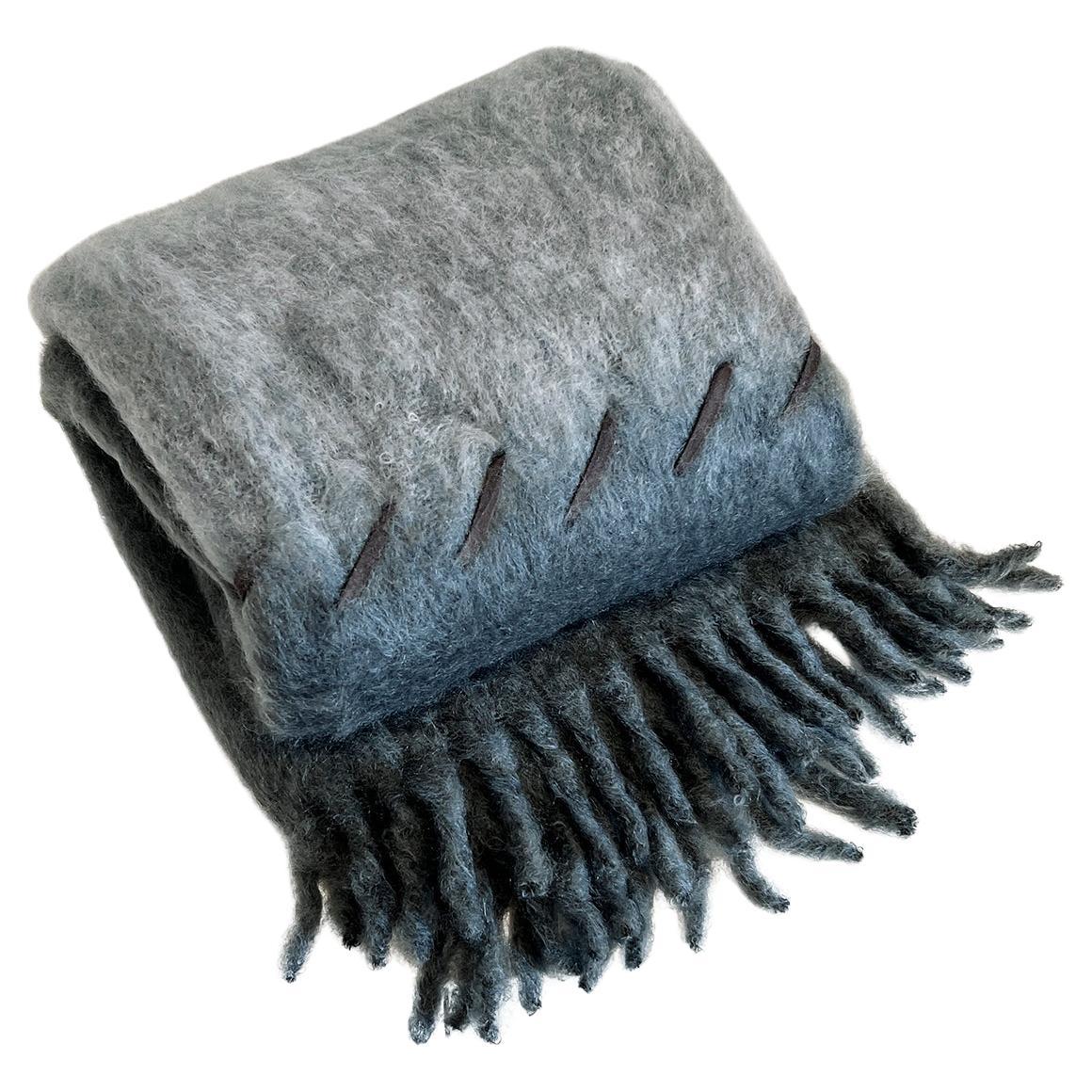 Mantas Ezcaray Steam and Smoke Blue Mohair Blanket Throw w/ Suede Whipstitch