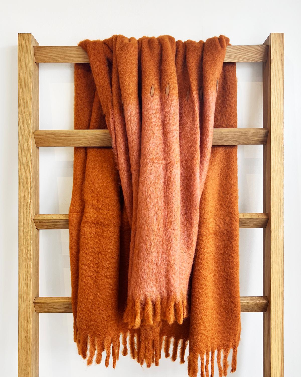 Spanish Mantas Ezcaray Terracotta & Brick Red Mohair Blanket Throw w/ Suede Whipstitch For Sale