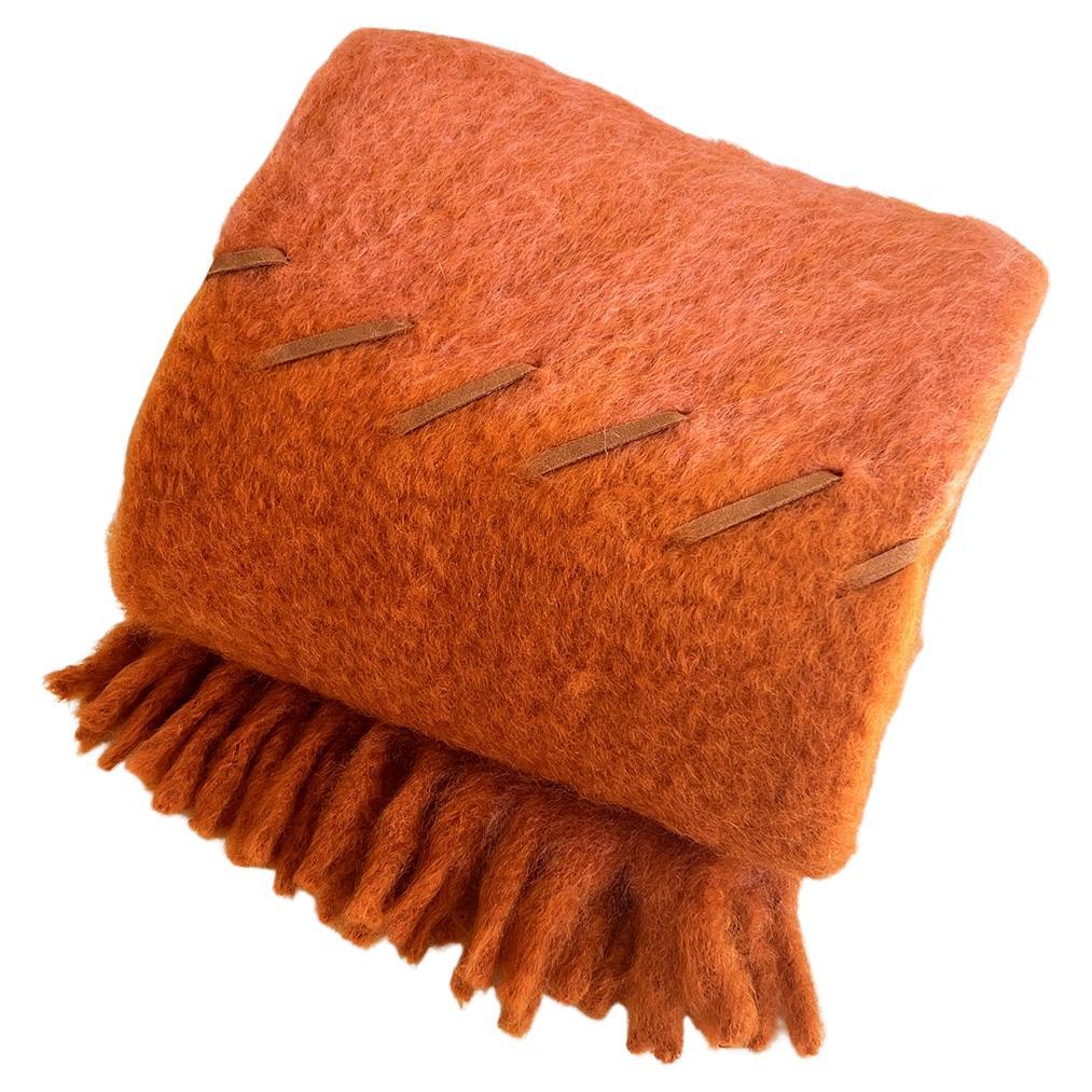 Mantas Ezcaray Terracotta & Brick Red Mohair Blanket Throw w/ Suede Whipstitch For Sale