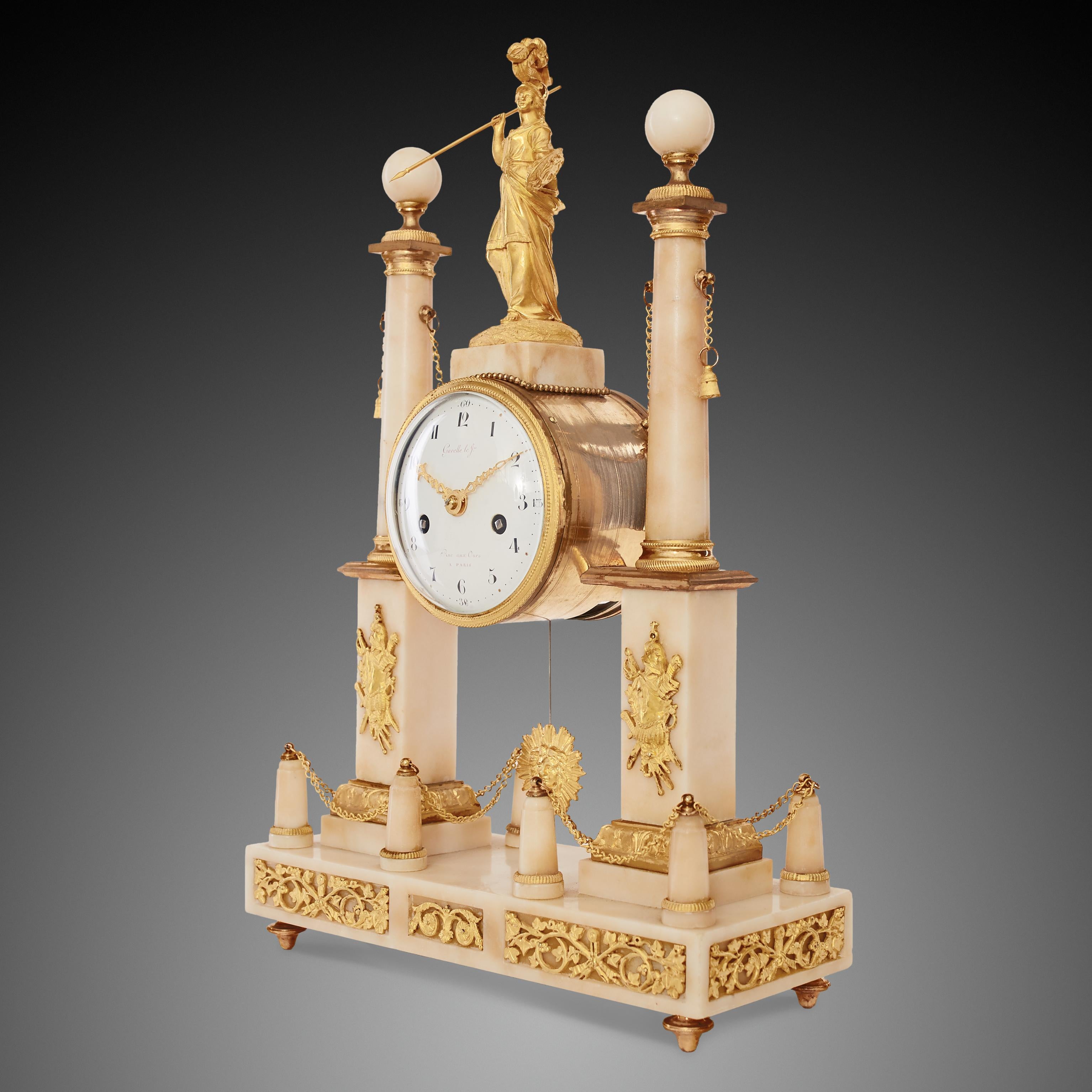 Antique French portico clock in Louis XVI style signed on the dial Gavelle Le, Rue aux Ours. This 18th c. style marble clock is composed of two columns in a shape of a obelisks in white marble and a statue of Goddess Minerva/Athena as well as